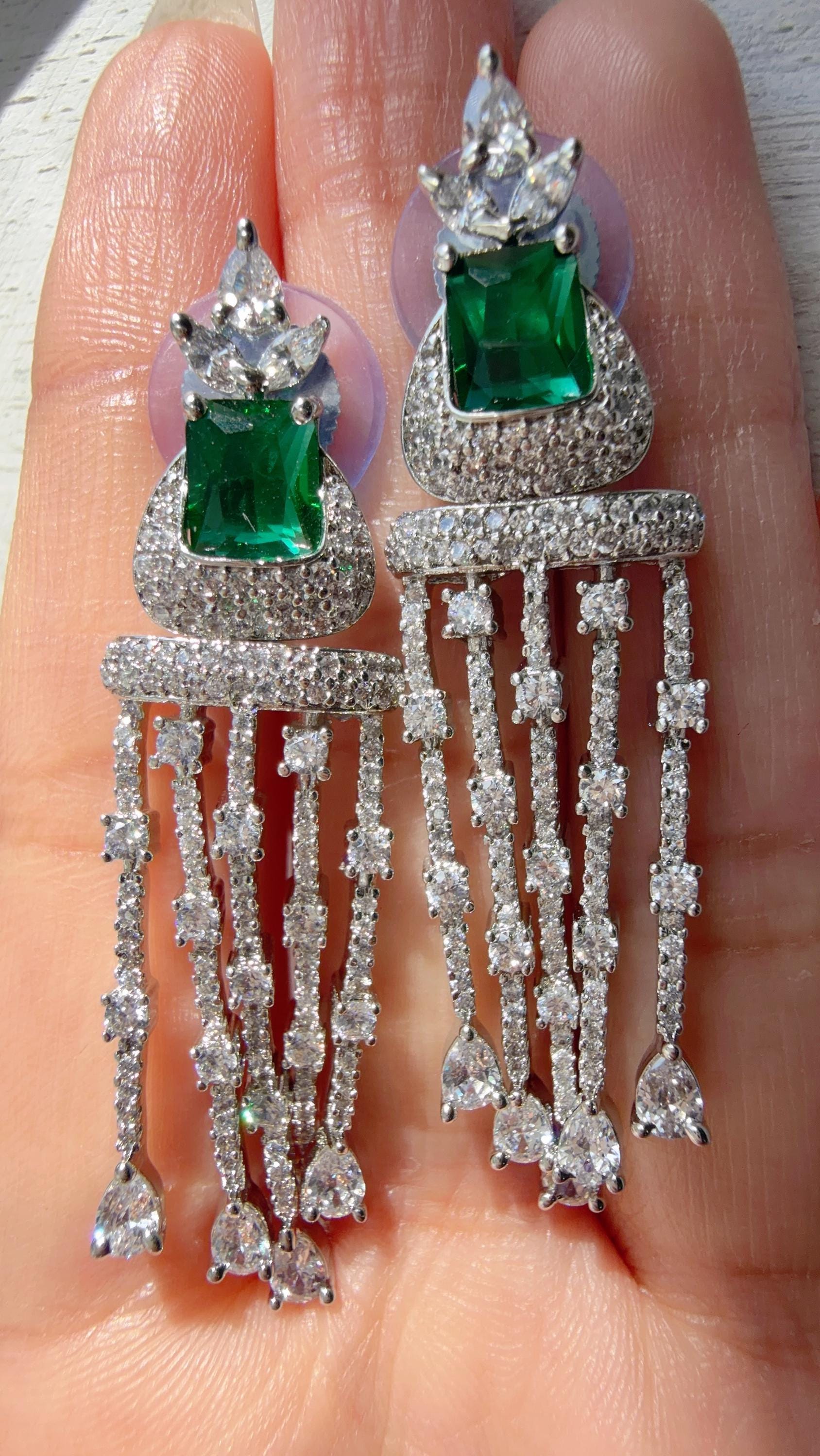 Crystal Tassel Statement Drop Green Earrings/Bridal earrings / Indian Wedding Danglers/Drop Dangle Earrings