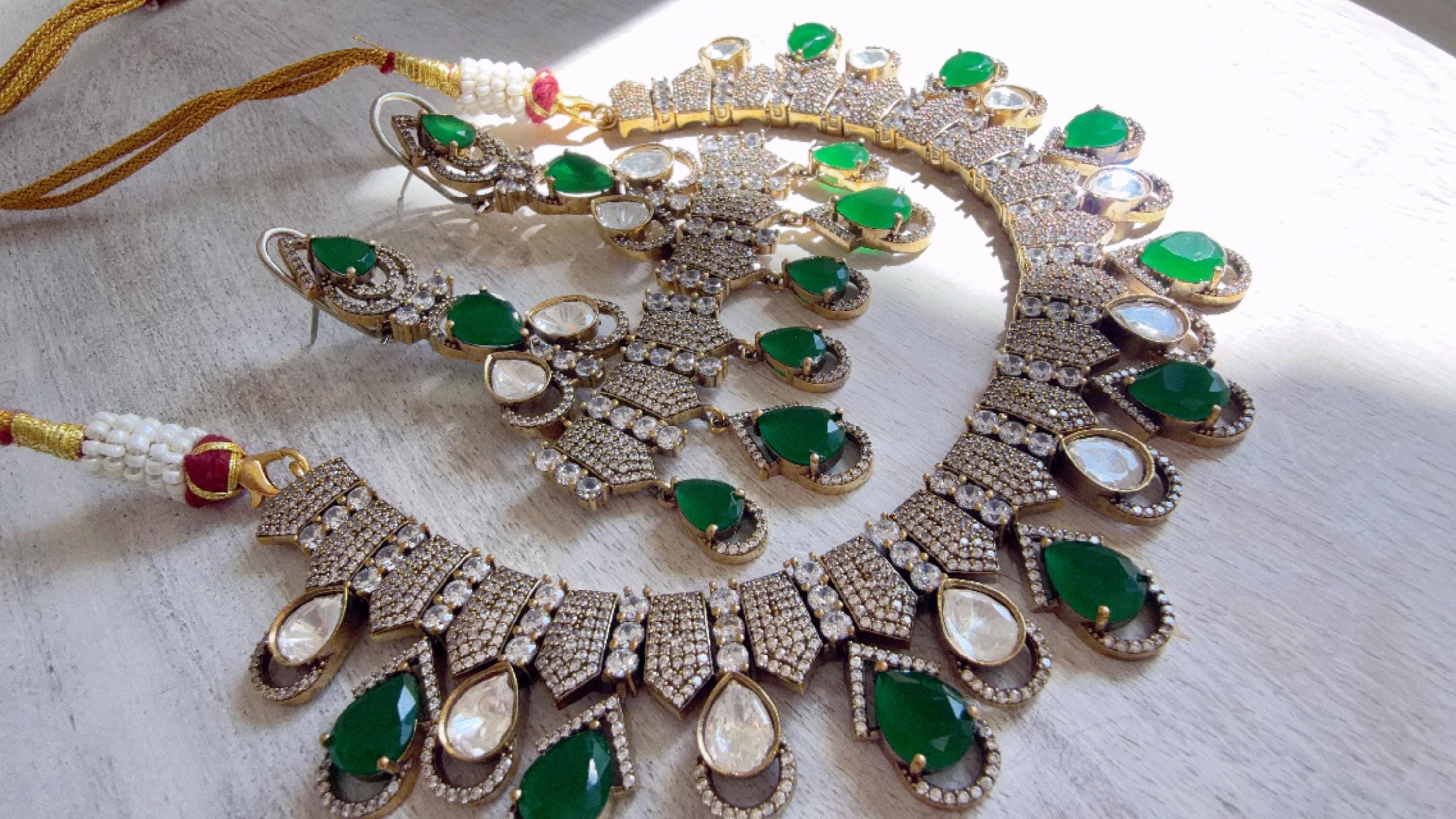 Emerald Green Victorian Stone Bridal Necklace Set | Moissanite Polki Kundan Necklace | Indian Wedding Jewelry | Statement Necklace - Anna