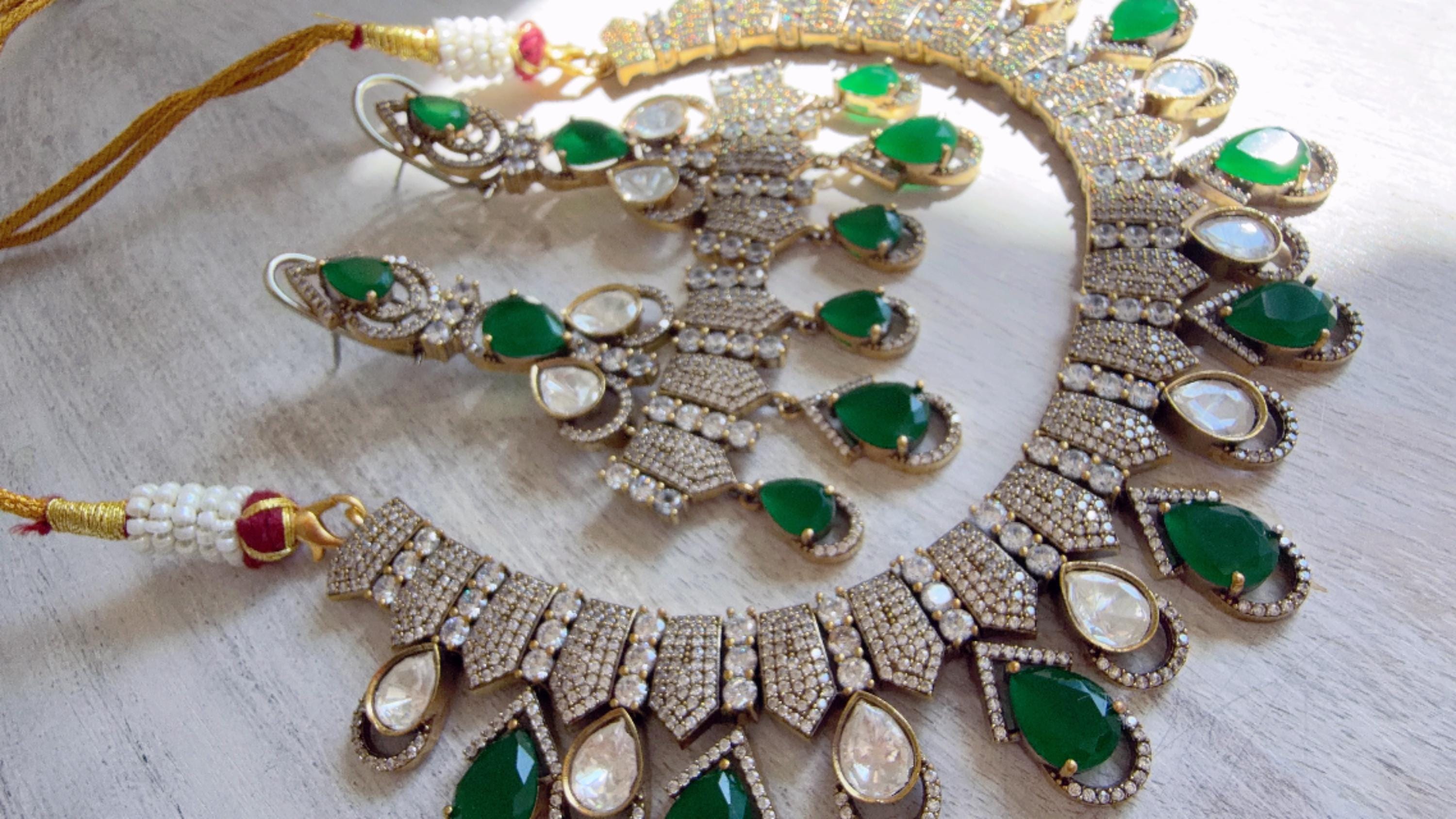 Emerald Green Victorian Stone Bridal Necklace Set | Moissanite Polki Kundan Necklace | Indian Wedding Jewelry | Statement Necklace - Anna