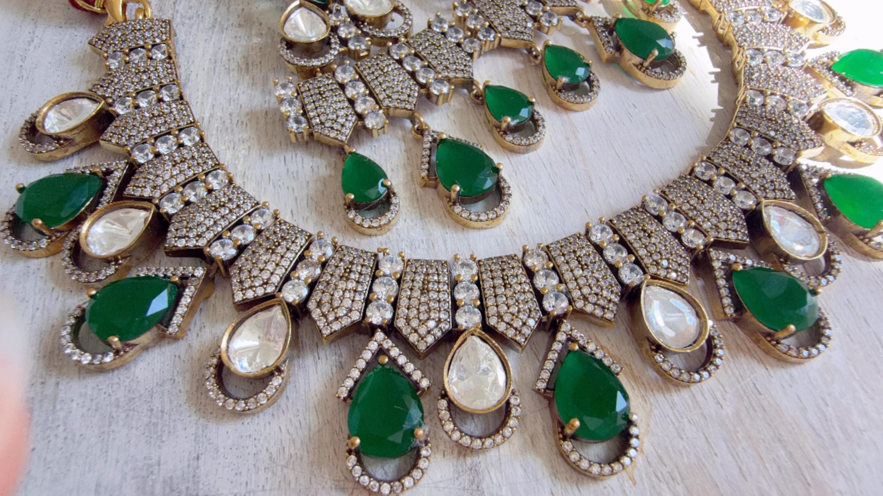 Emerald Green Victorian Stone Bridal Necklace Set | Moissanite Polki Kundan Necklace | Indian Wedding Jewelry | Statement Necklace - Anna