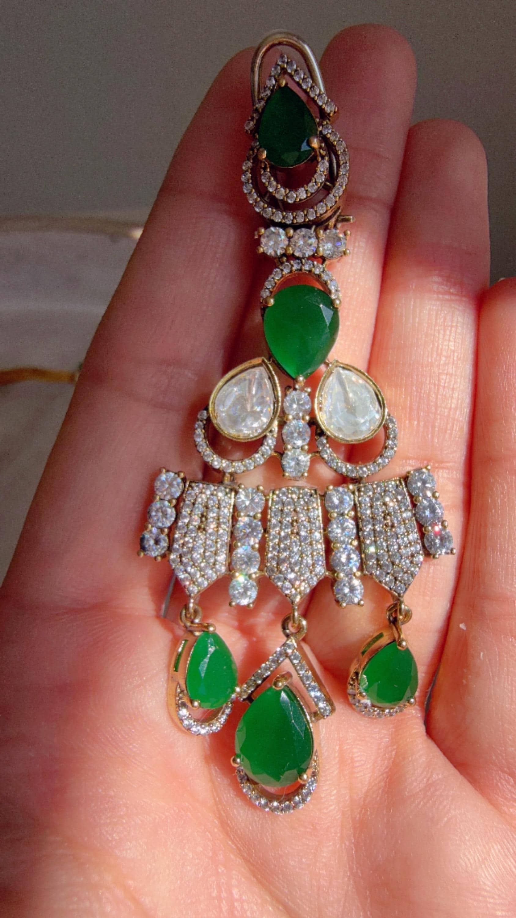 Emerald Green Victorian Stone Bridal Necklace Set | Moissanite Polki Kundan Necklace | Indian Wedding Jewelry | Statement Necklace - Anna