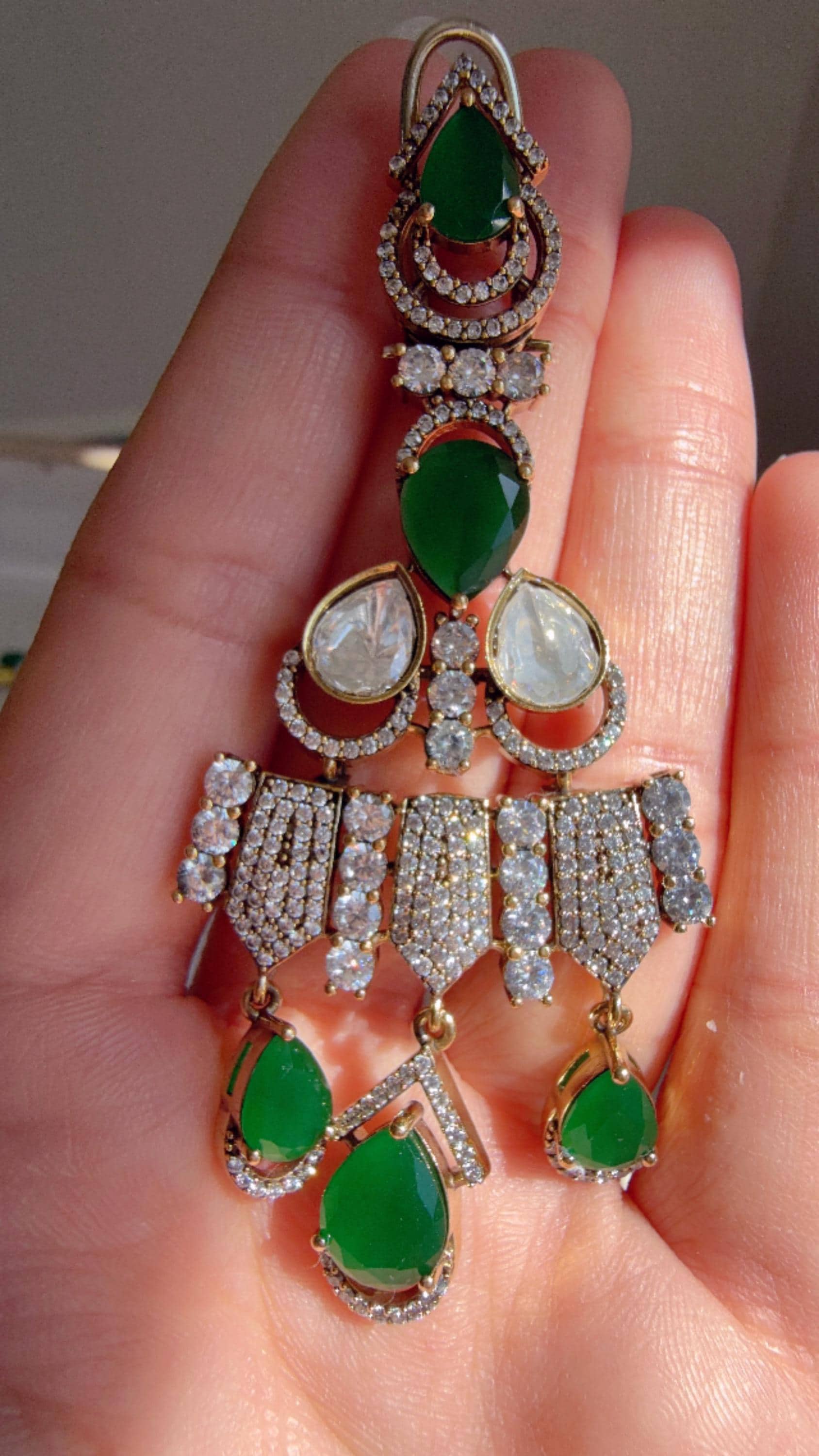 Emerald Green Victorian Stone Bridal Necklace Set | Moissanite Polki Kundan Necklace | Indian Wedding Jewelry | Statement Necklace - Anna