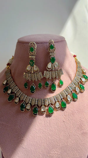 Emerald Green Victorian Stone Bridal Necklace Set | Moissanite Polki Kundan Necklace | Indian Wedding Jewelry | Statement Necklace - Anna