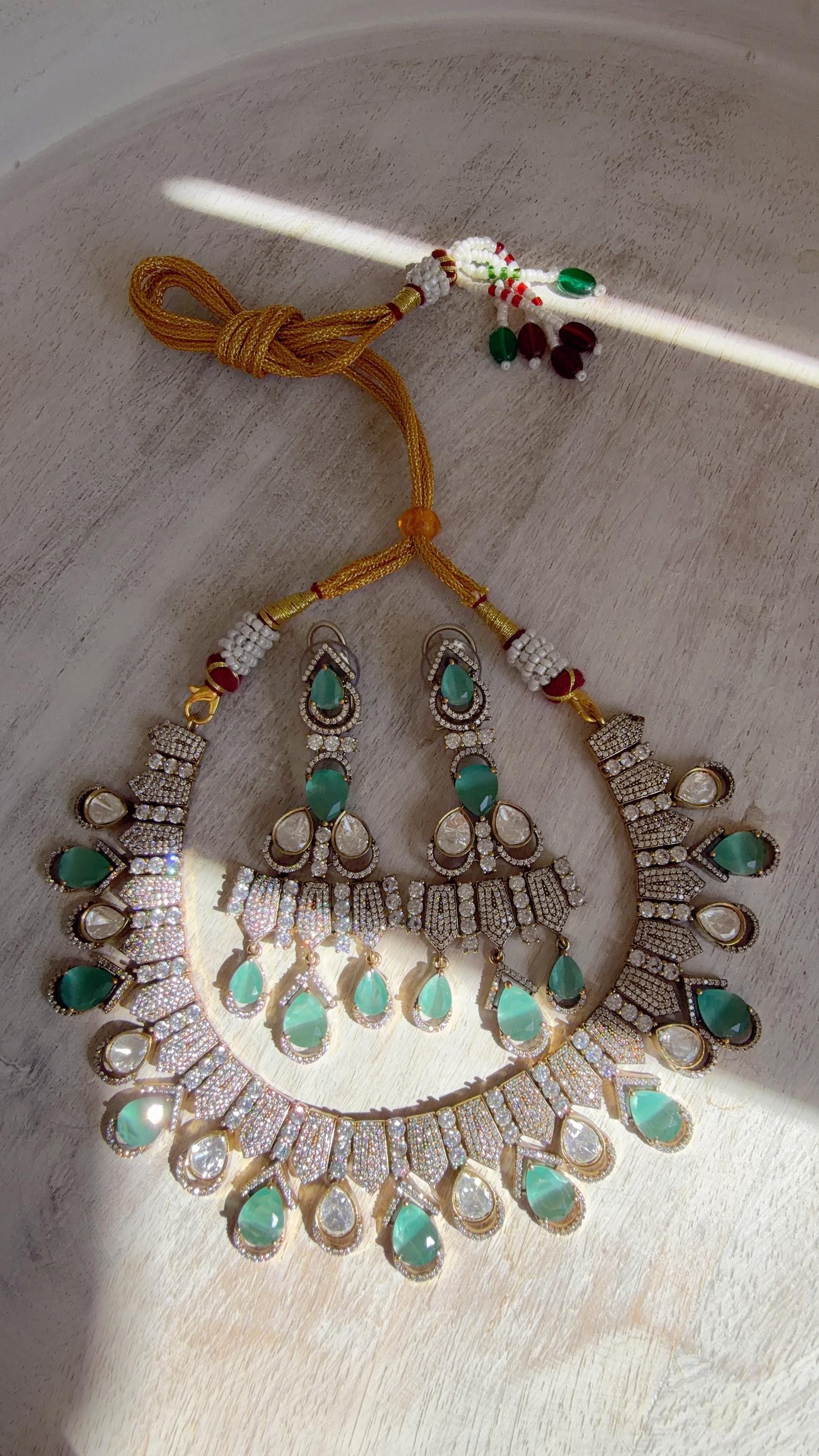 Mint Victorian Stone Bridal Necklace Set | Moissanite Polki Kundan Necklace | Indian Wedding Jewelry | Statement Necklace - Anna