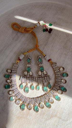 Mint Victorian Stone Bridal Necklace Set | Moissanite Polki Kundan Necklace | Indian Wedding Jewelry | Statement Necklace - Anna