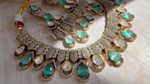 Mint Victorian Stone Bridal Necklace Set | Moissanite Polki Kundan Necklace | Indian Wedding Jewelry | Statement Necklace - Anna
