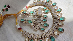 Mint Victorian Stone Bridal Necklace Set | Moissanite Polki Kundan Necklace | Indian Wedding Jewelry | Statement Necklace - Anna