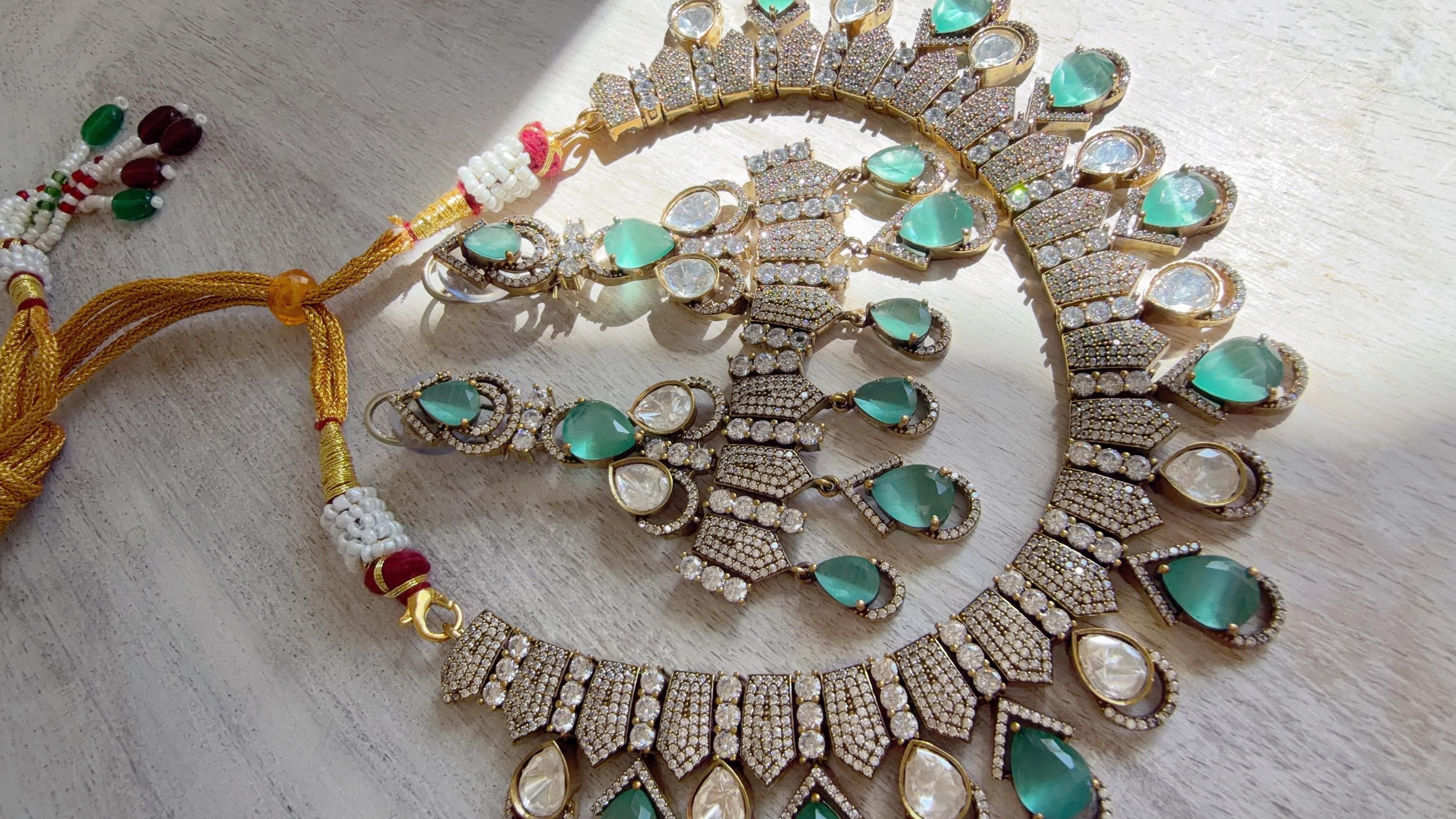 Mint Victorian Stone Bridal Necklace Set | Moissanite Polki Kundan Necklace | Indian Wedding Jewelry | Statement Necklace - Anna