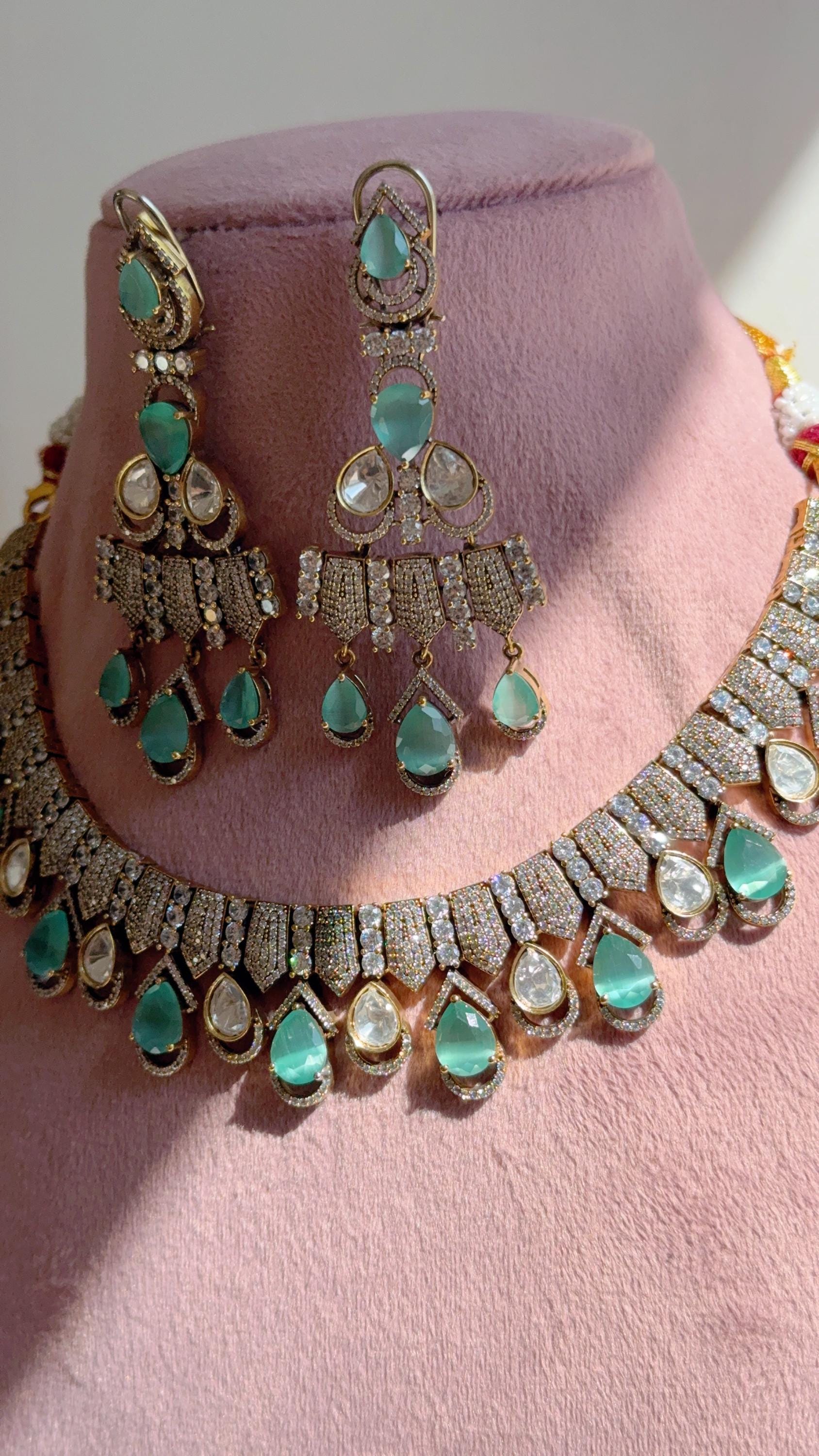 Mint Victorian Stone Bridal Necklace Set | Moissanite Polki Kundan Necklace | Indian Wedding Jewelry | Statement Necklace - Anna