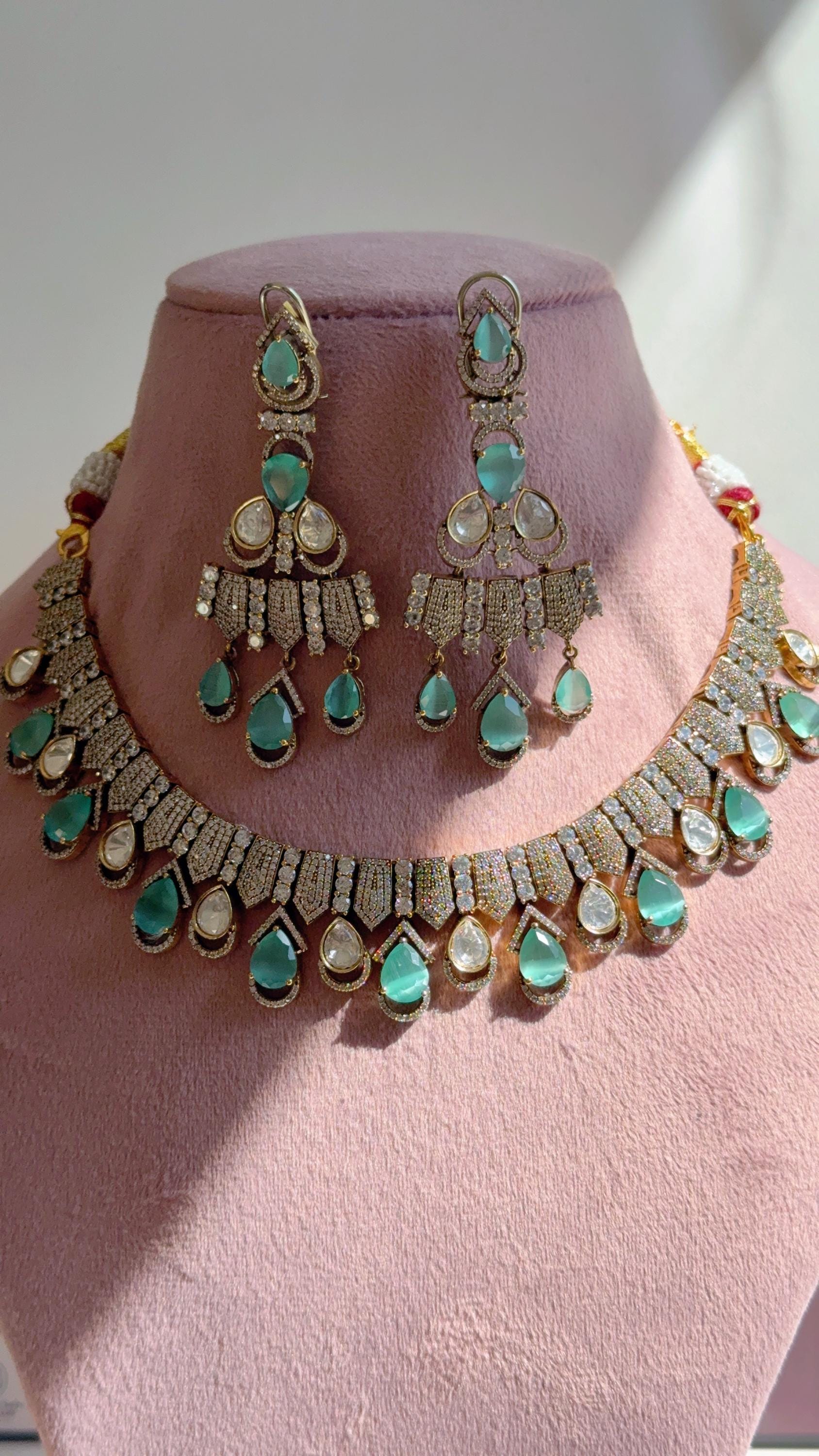 Mint Victorian Stone Bridal Necklace Set | Moissanite Polki Kundan Necklace | Indian Wedding Jewelry | Statement Necklace - Anna