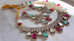 Ruby Mint Victorian Stone Bridal Necklace Set | Moissanite Polki Kundan Necklace | Indian Wedding Jewelry | Statement Necklace - Anna
