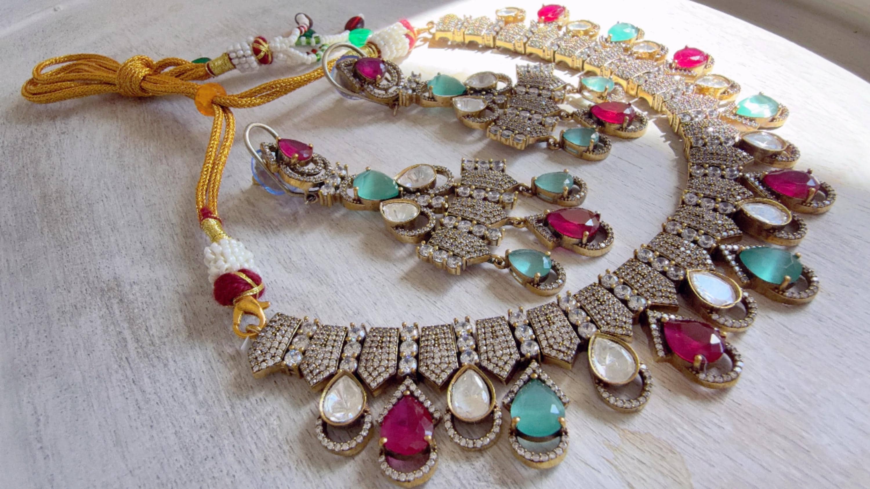 Ruby Mint Victorian Stone Bridal Necklace Set | Moissanite Polki Kundan Necklace | Indian Wedding Jewelry | Statement Necklace - Anna