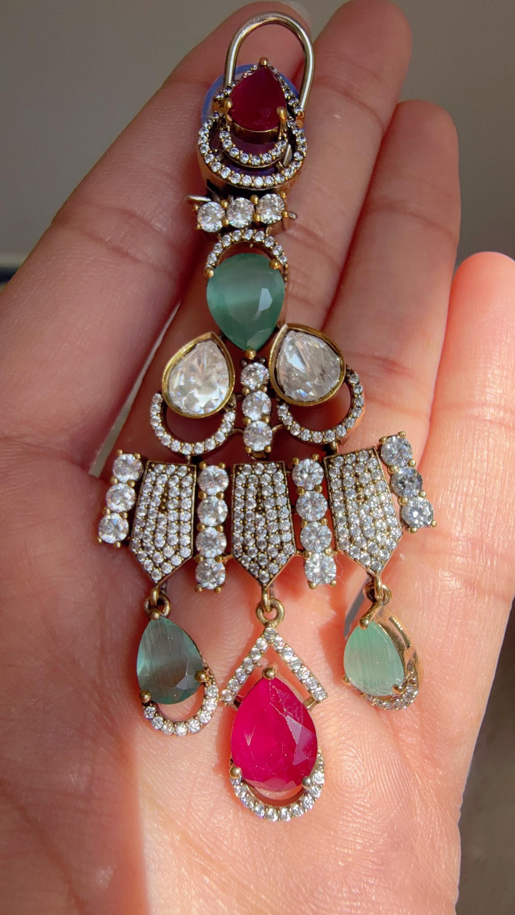 Ruby Mint Victorian Stone Bridal Necklace Set | Moissanite Polki Kundan Necklace | Indian Wedding Jewelry | Statement Necklace - Anna