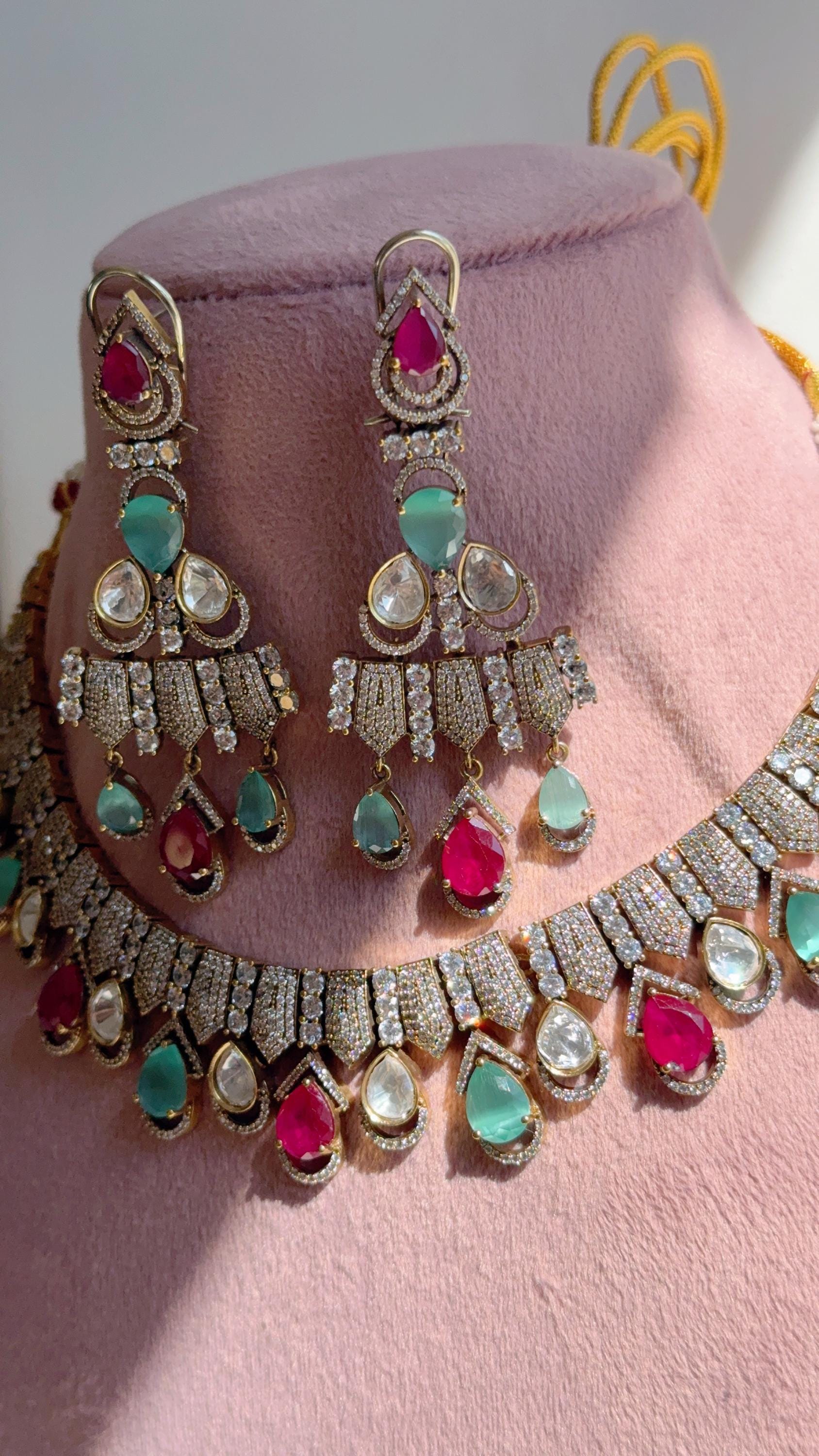 Ruby Mint Victorian Stone Bridal Necklace Set | Moissanite Polki Kundan Necklace | Indian Wedding Jewelry | Statement Necklace - Anna
