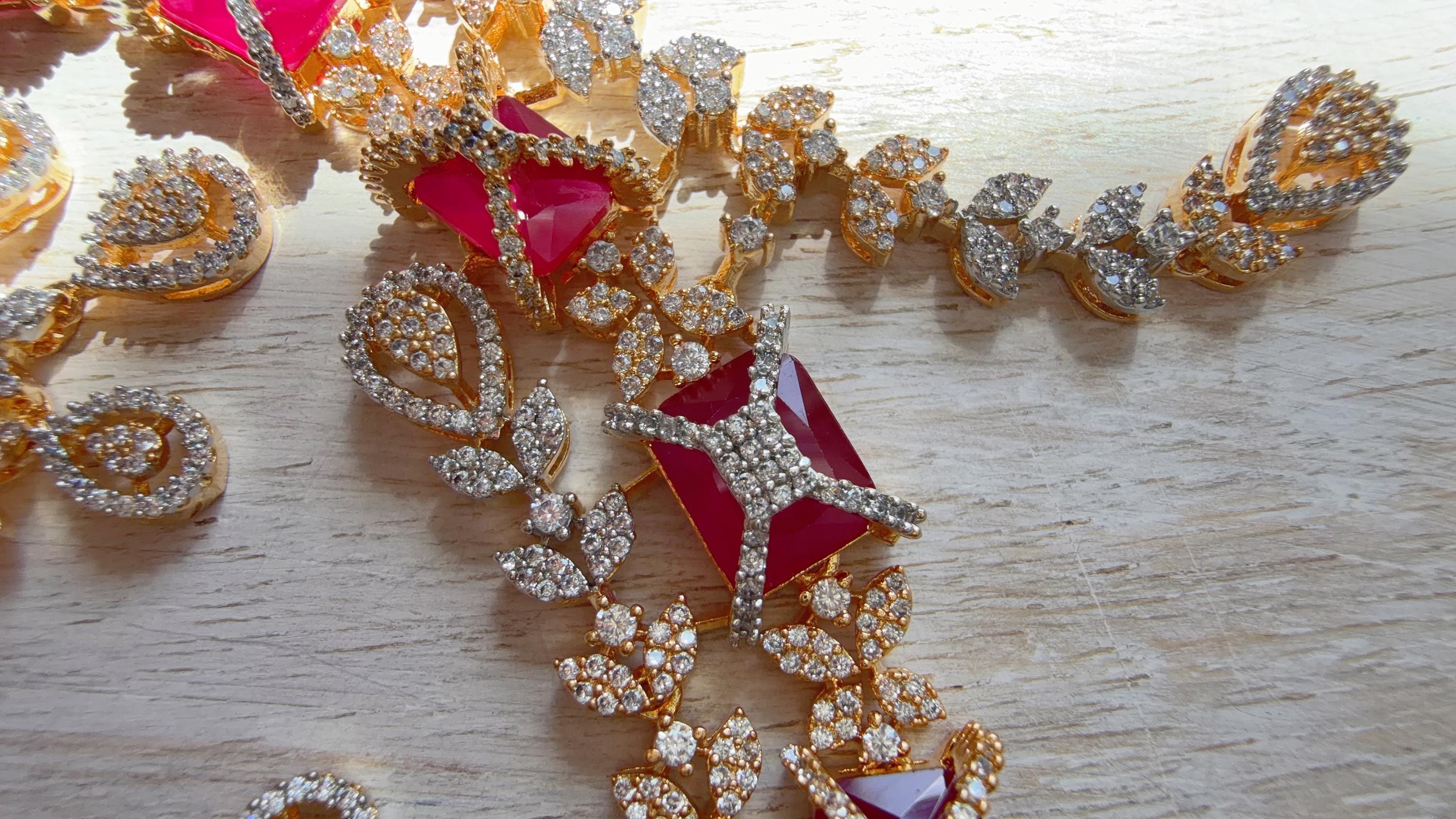 Ruby 2 Tone Bridal Diamond Necklace Set | Moissanite CZ Necklace | Indian Wedding Jewelry | Statement Necklace - Sam
