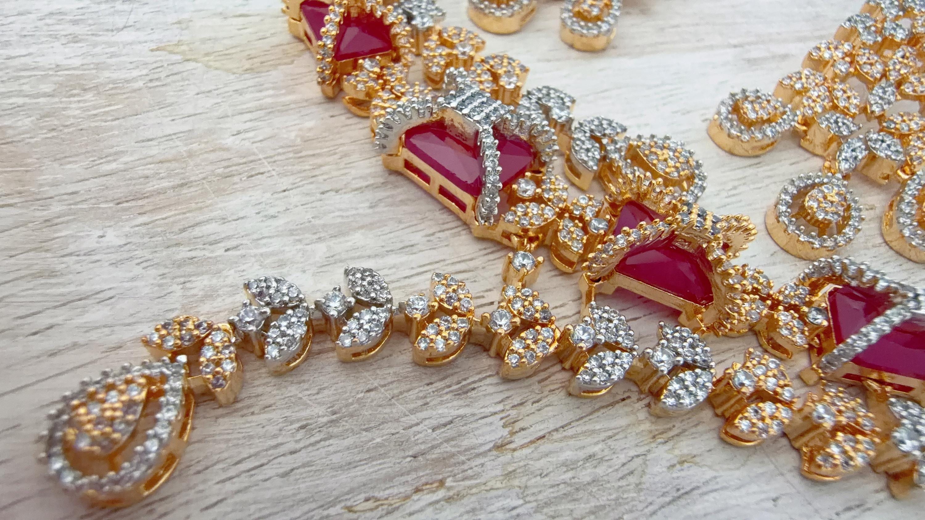 Ruby 2 Tone Bridal Diamond Necklace Set | Moissanite CZ Necklace | Indian Wedding Jewelry | Statement Necklace - Sam