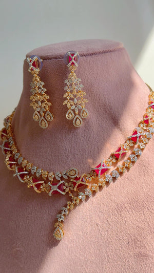Ruby 2 Tone Bridal Diamond Necklace Set | Moissanite CZ Necklace | Indian Wedding Jewelry | Statement Necklace - Sam