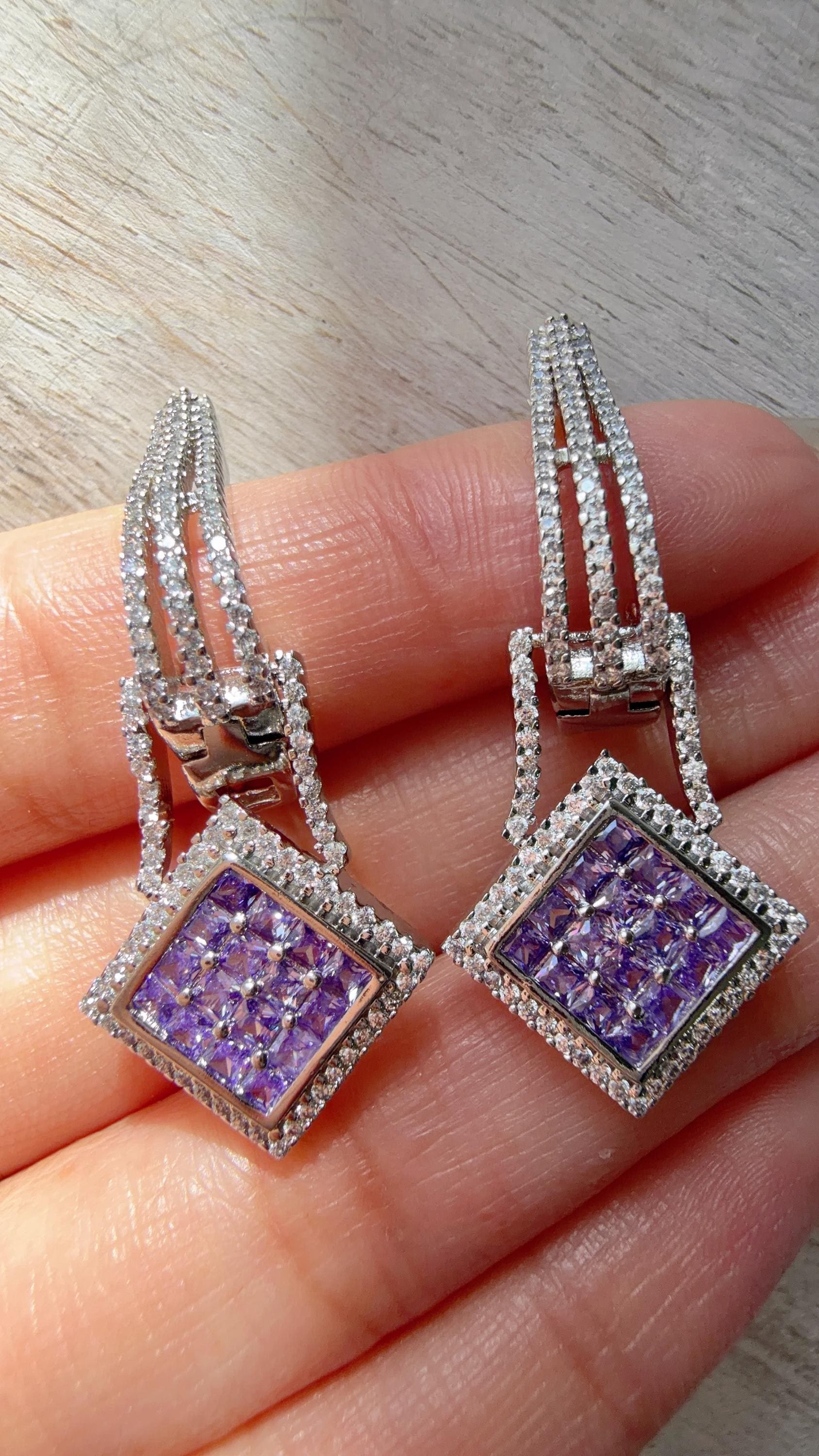 Silver Crystal Hoop Earrings | Cubic Zirconia purple Hoops | Elegant Lever Back Earrings | Everyday Luxury Jewelry | Gift for Her