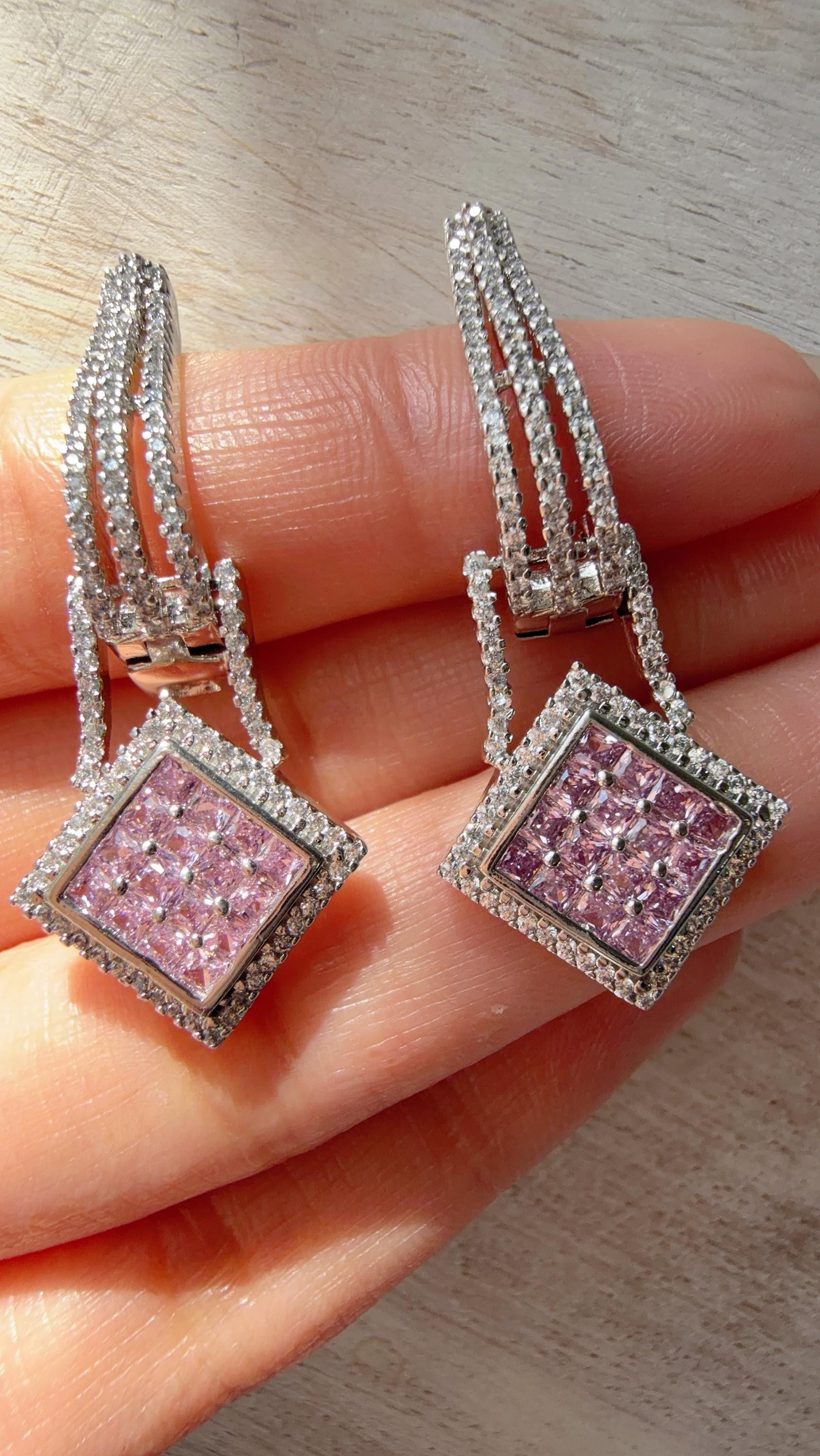 Silver Crystal Hoop Earrings | Cubic Zirconia Baby pink Hoops | Elegant Lever Back Earrings | Everyday Luxury Jewelry | Gift for Her