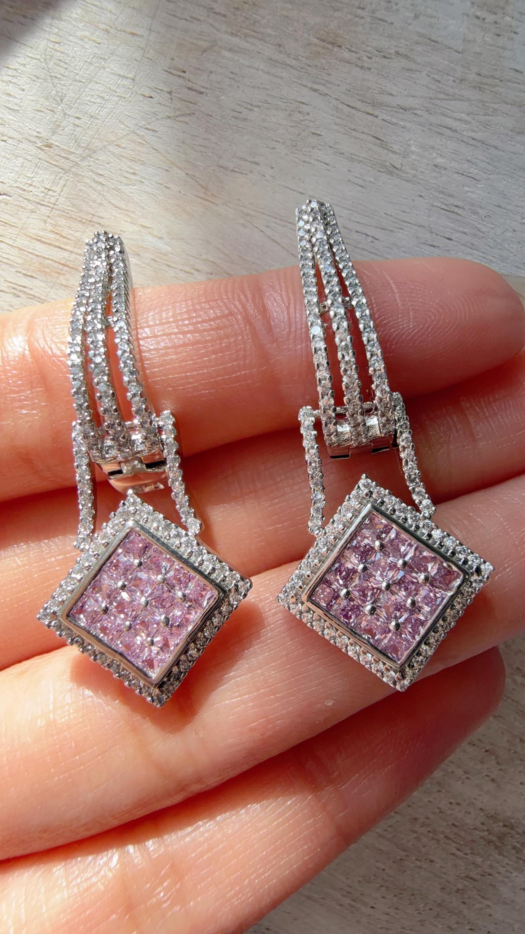 Silver Crystal Hoop Earrings | Cubic Zirconia Baby pink Hoops | Elegant Lever Back Earrings | Everyday Luxury Jewelry | Gift for Her