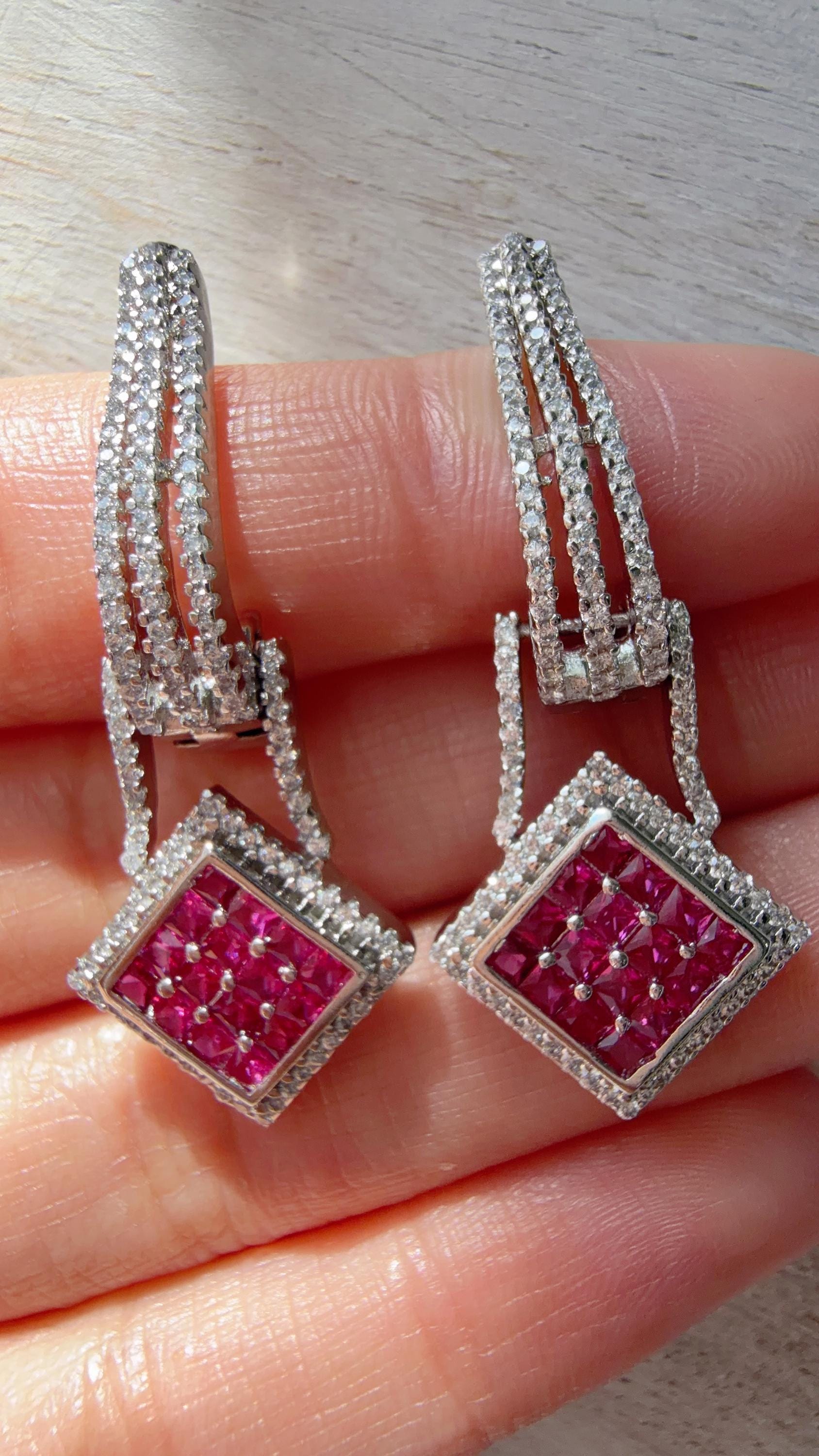 Silver Crystal Hoop Earrings | Cubic Zirconia Ruby Hoops | Elegant Lever Back Earrings | Everyday Luxury Jewelry | Gift for Her