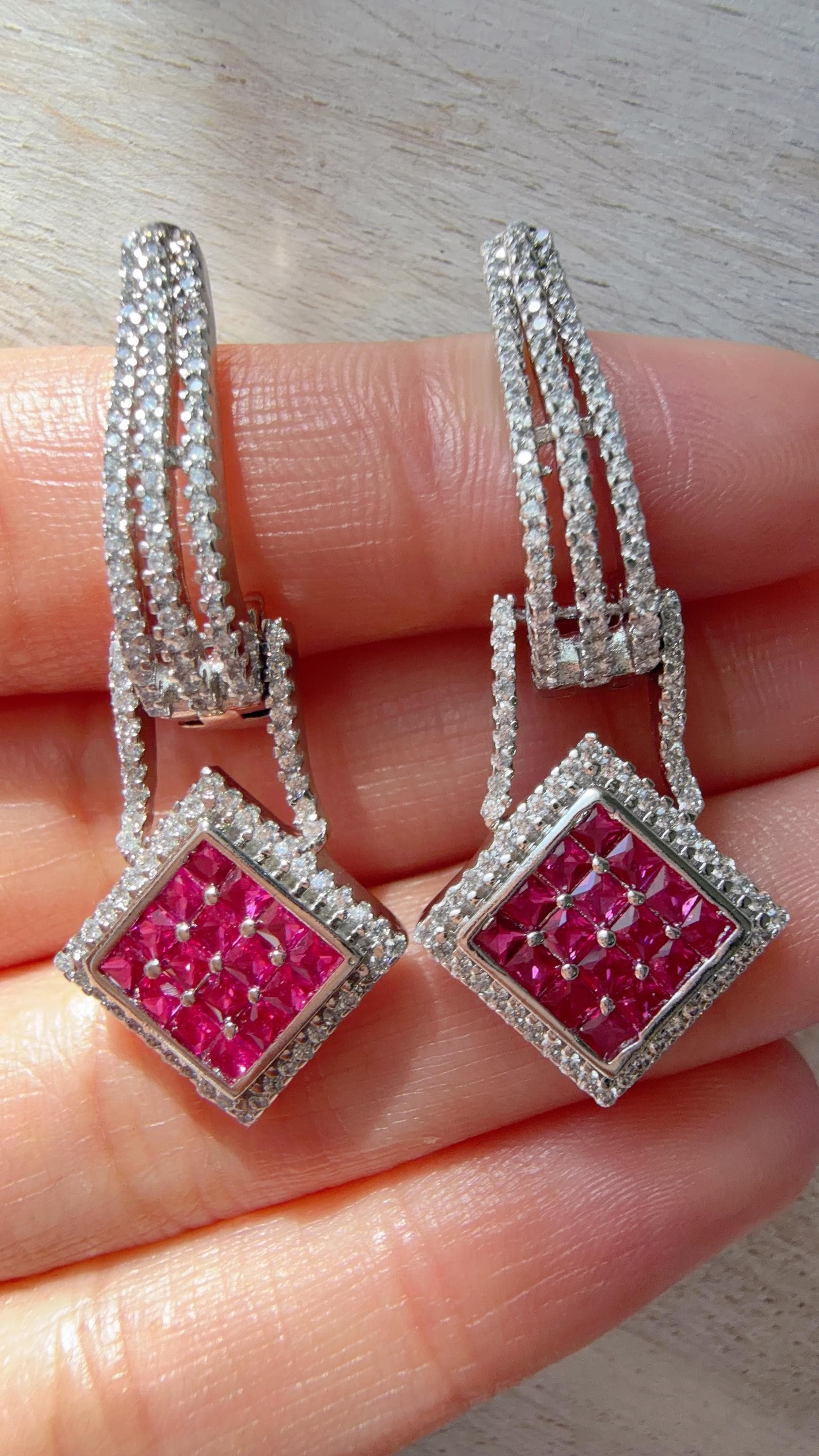 Silver Crystal Hoop Earrings | Cubic Zirconia Ruby Hoops | Elegant Lever Back Earrings | Everyday Luxury Jewelry | Gift for Her