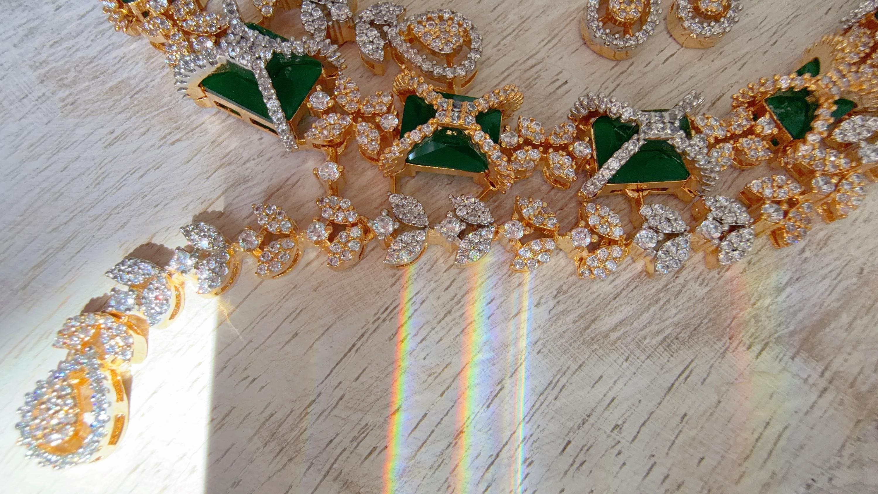 Emerald Green 2 Tone Bridal Diamond Necklace Set | Moissanite CZ Necklace | Indian Wedding Jewelry | Statement Necklace - Sam