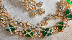 Emerald Green 2 Tone Bridal Diamond Necklace Set | Moissanite CZ Necklace | Indian Wedding Jewelry | Statement Necklace - Sam