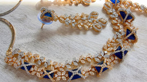 Blue 2 Tone Bridal Diamond Necklace Set | Moissanite CZ Necklace | Indian Wedding Jewelry | Statement Necklace - Sam