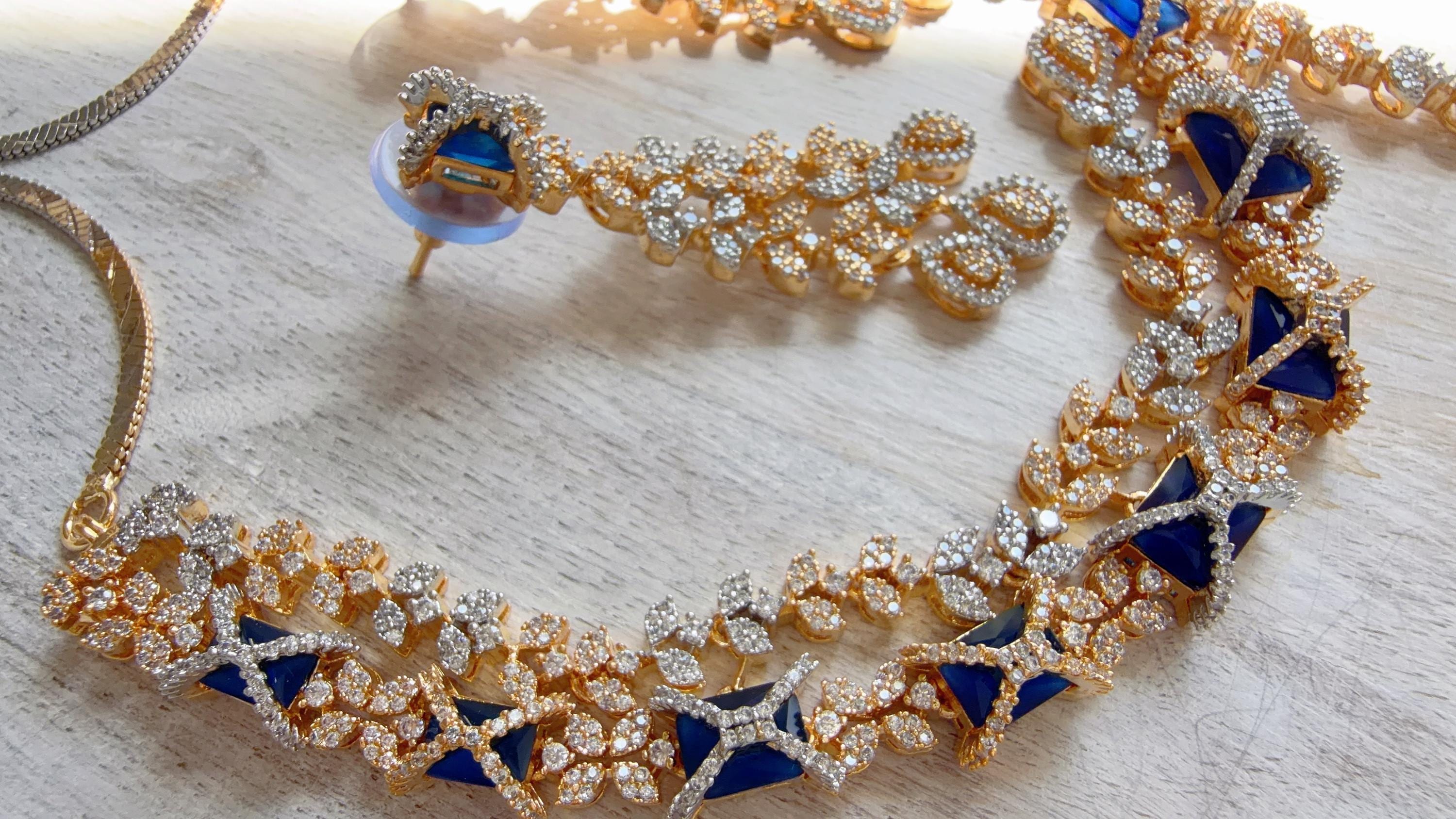 Blue 2 Tone Bridal Diamond Necklace Set | Moissanite CZ Necklace | Indian Wedding Jewelry | Statement Necklace - Sam