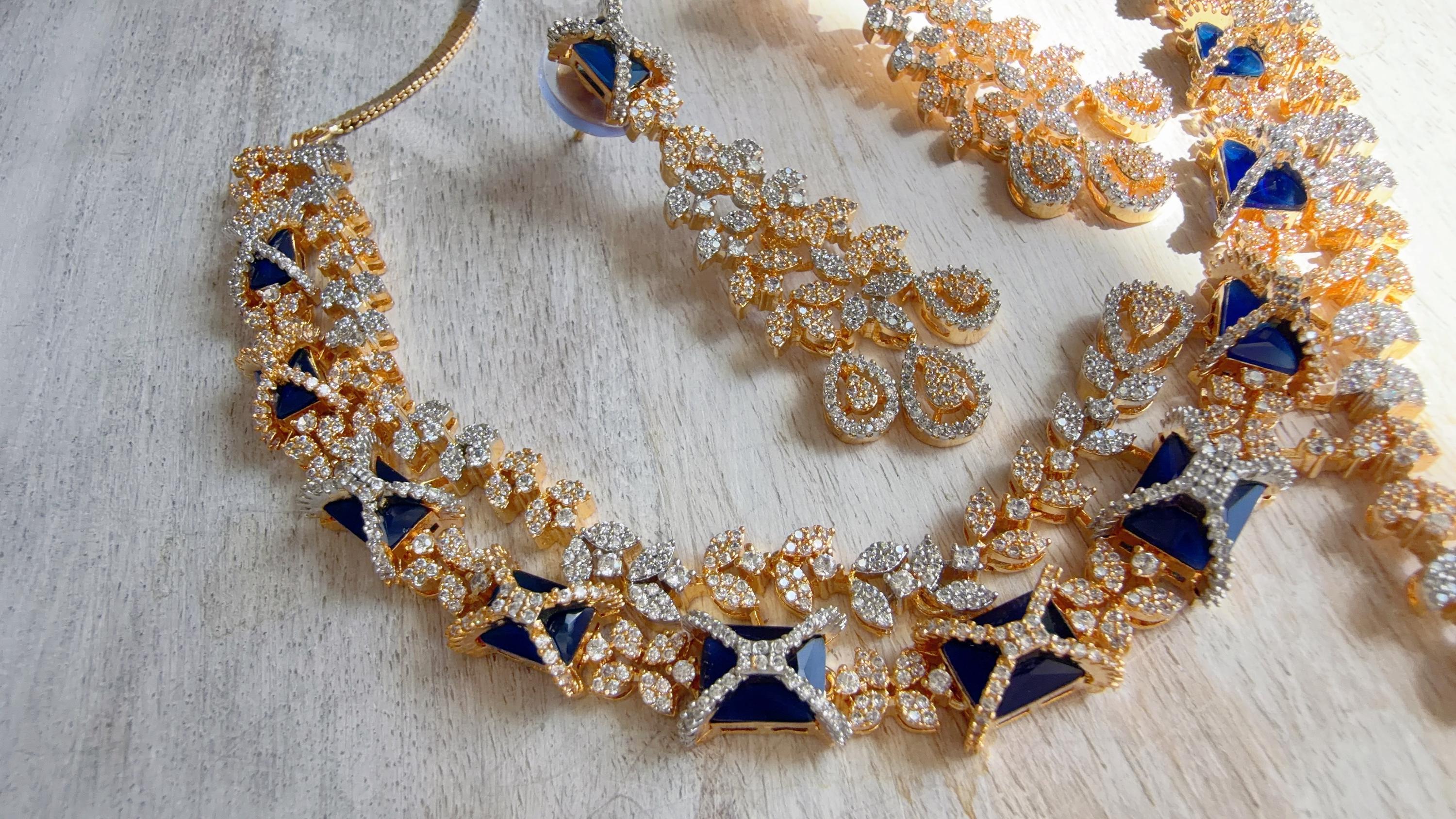 Blue 2 Tone Bridal Diamond Necklace Set | Moissanite CZ Necklace | Indian Wedding Jewelry | Statement Necklace - Sam