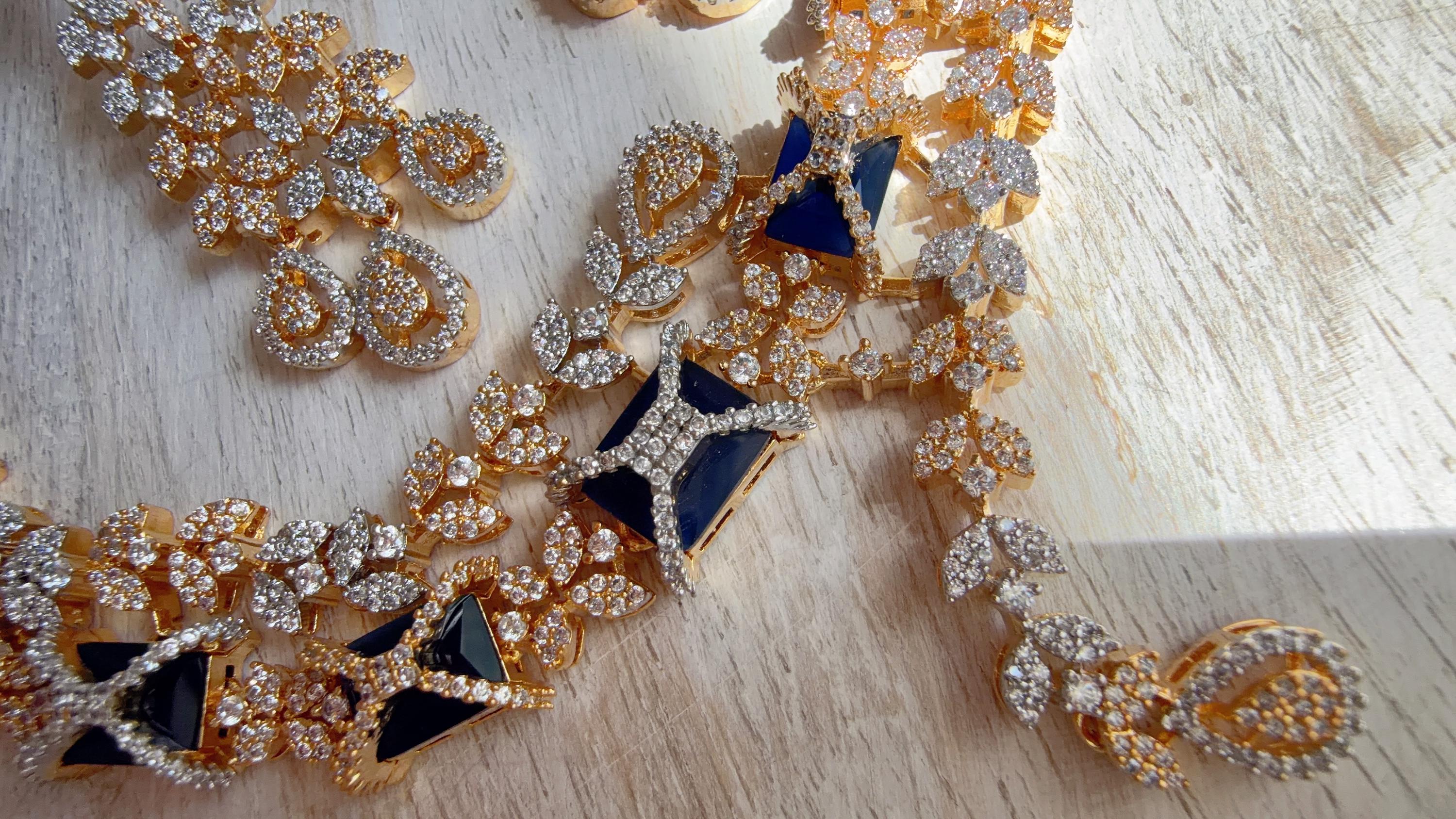 Blue 2 Tone Bridal Diamond Necklace Set | Moissanite CZ Necklace | Indian Wedding Jewelry | Statement Necklace - Sam