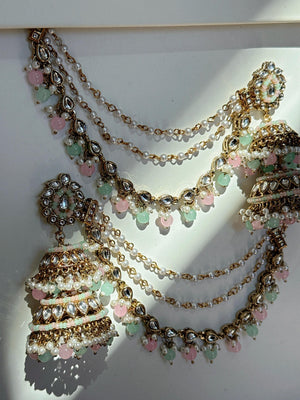Mint Pink Bahubali Kundan Pearl Jhumka Earrings Set/Jhumka with Double Chain Sahare /Indian Wedding Earrings