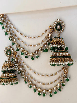 Antique Green Bahubali Pearl Jhumka Earrings Set/Jhumka with Double Chain Sahare /Indian Wedding Earrings