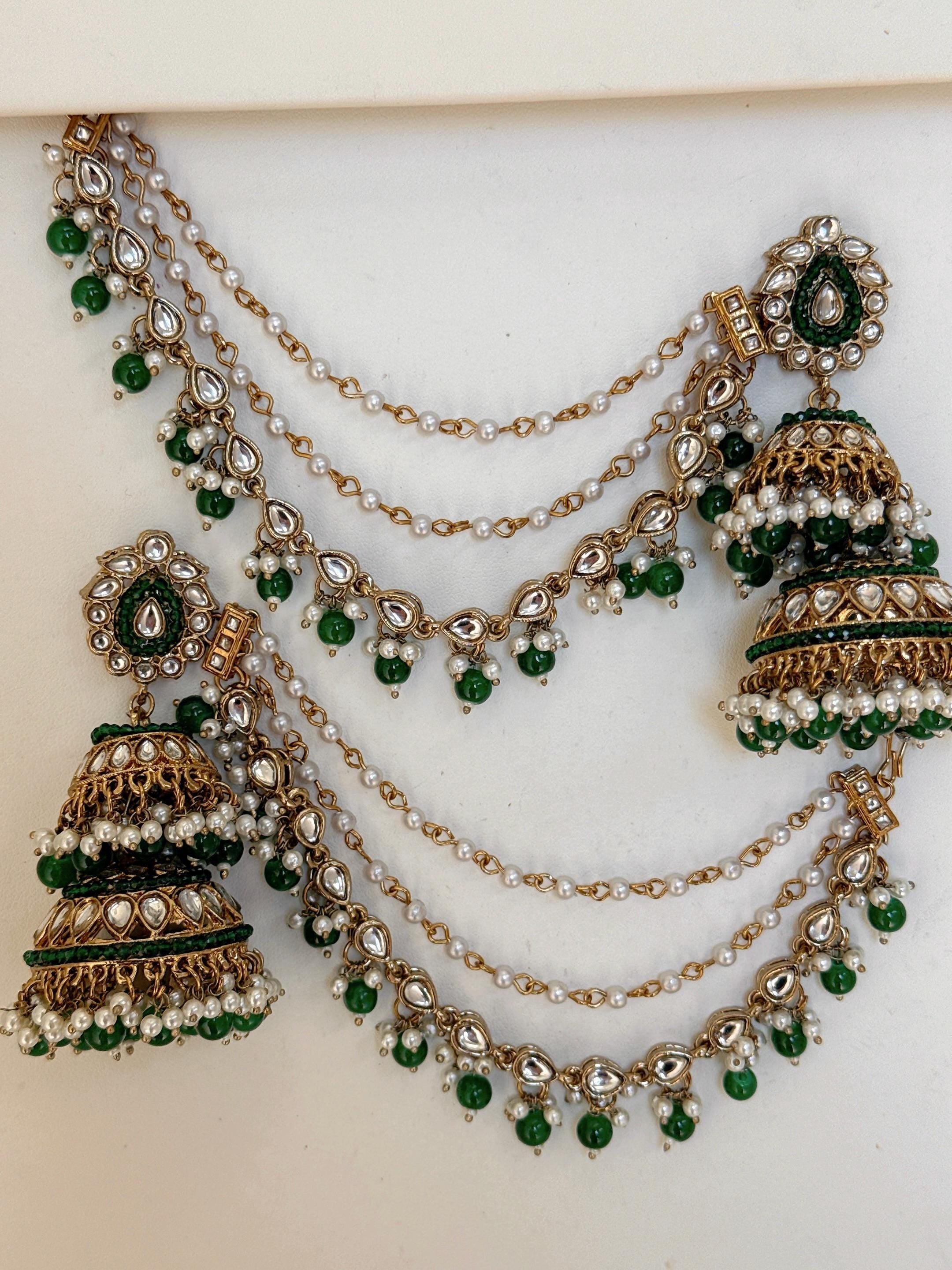 Antique Green Bahubali Pearl Jhumka Earrings Set/Jhumka with Double Chain Sahare /Indian Wedding Earrings