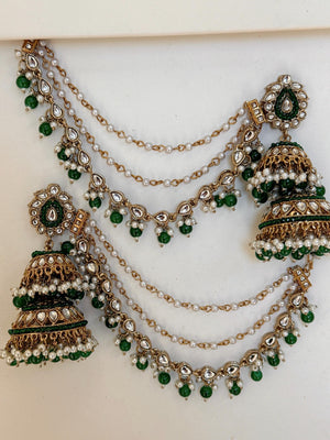 Antique Green Bahubali Pearl Jhumka Earrings Set/Jhumka with Double Chain Sahare /Indian Wedding Earrings