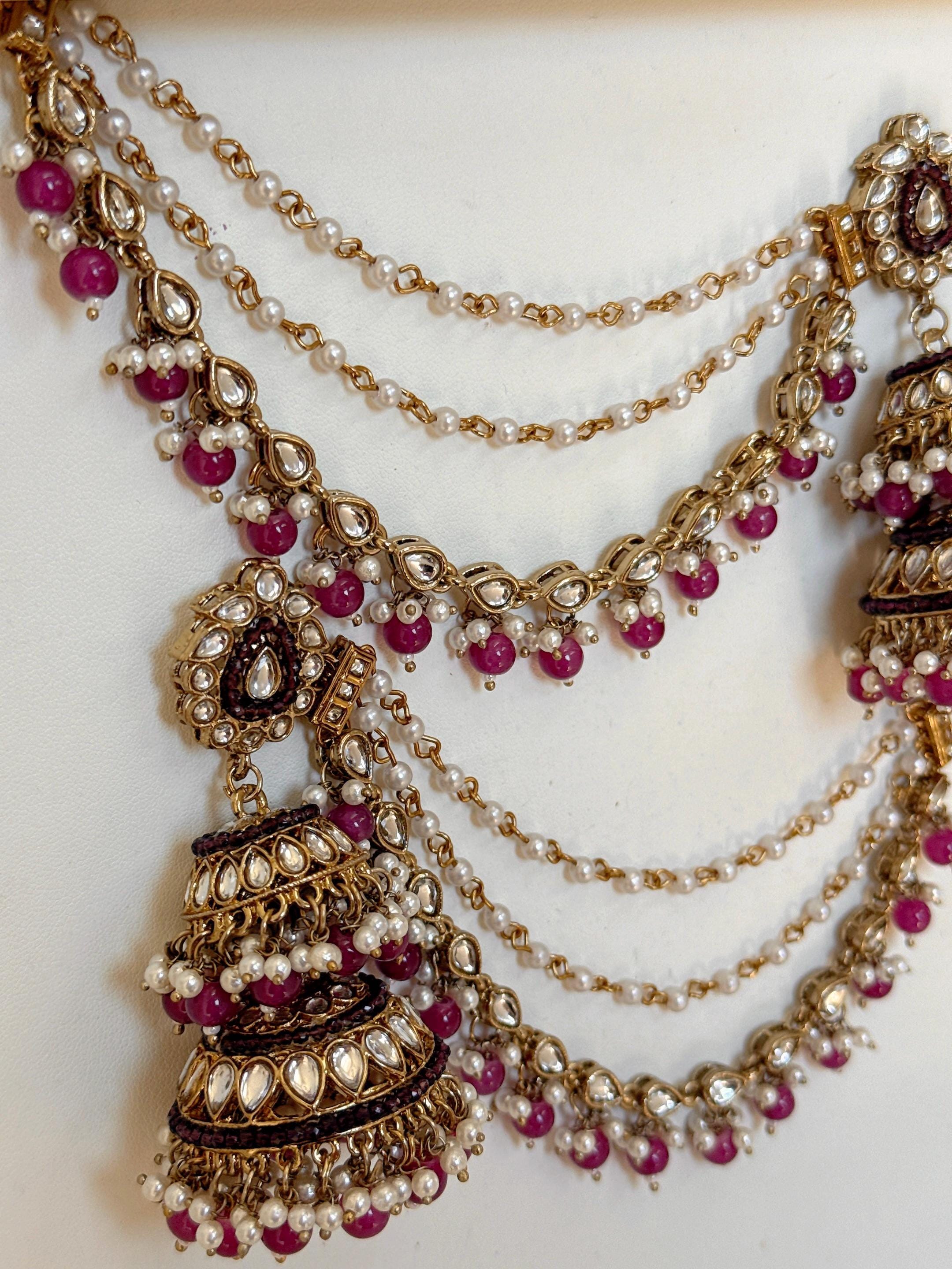 Antique Dark Purple Bahubali Pearl Jhumka Earrings Set/Jhumka with Double Chain Sahare /Indian Wedding Earrings