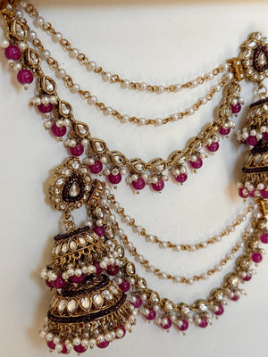Antique Dark Purple Bahubali Pearl Jhumka Earrings Set/Jhumka with Double Chain Sahare /Indian Wedding Earrings