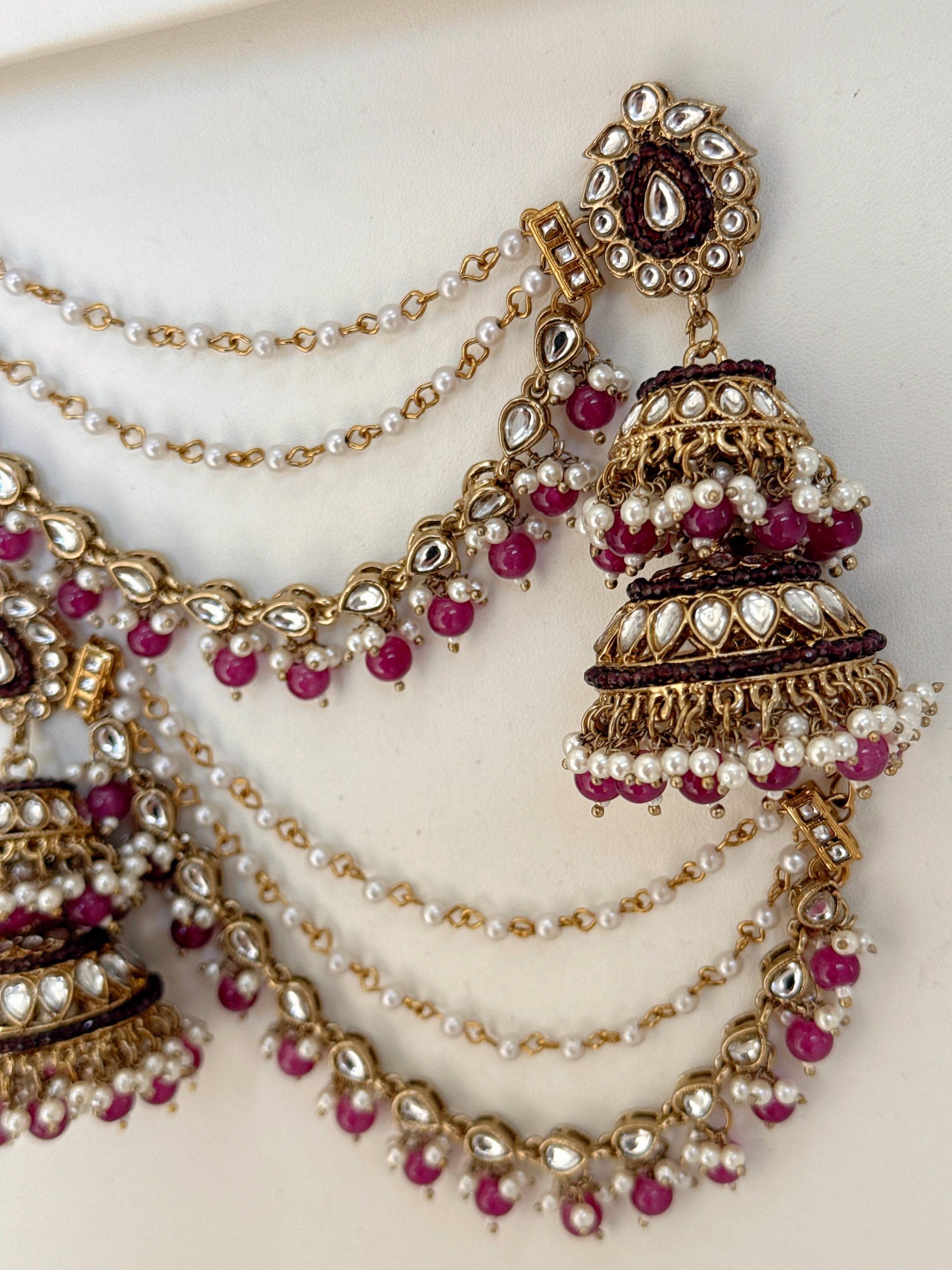 Antique Dark Purple Bahubali Pearl Jhumka Earrings Set/Jhumka with Double Chain Sahare /Indian Wedding Earrings