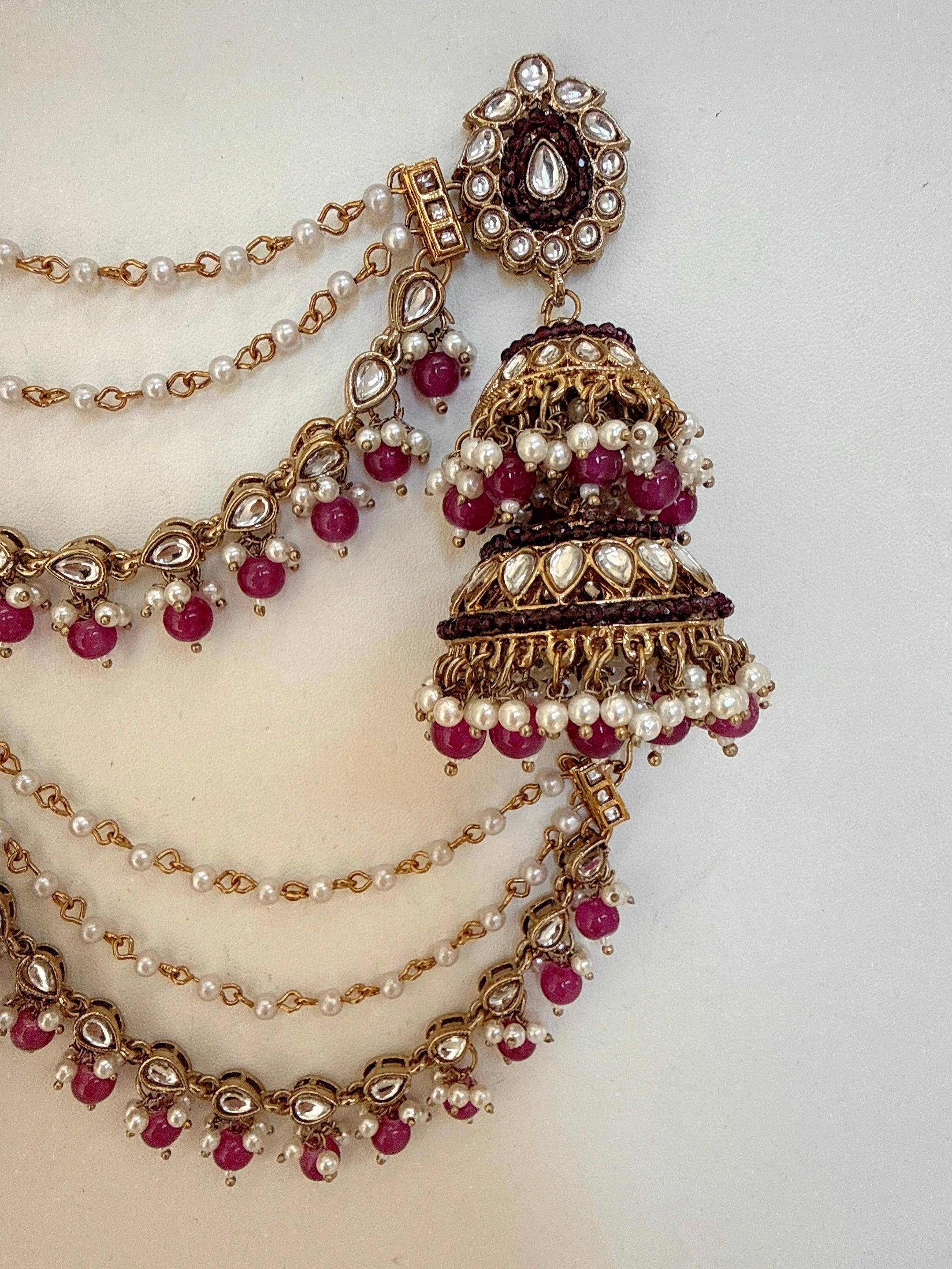 Antique Dark Purple Bahubali Pearl Jhumka Earrings Set/Jhumka with Double Chain Sahare /Indian Wedding Earrings