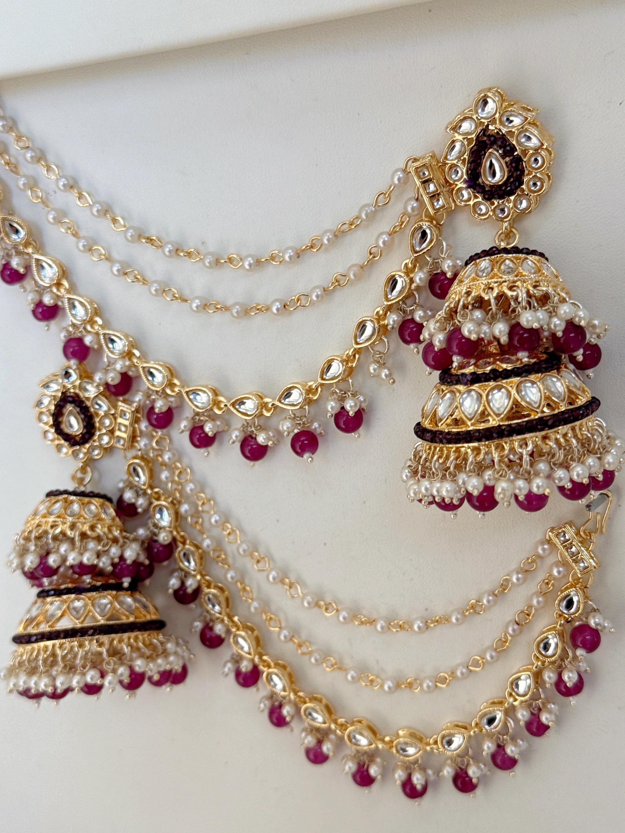 Dark Purple Bahubali Kundan Pearl Jhumka Earrings Set/Jhumka with Double Chain Sahare /Indian Wedding Earrings