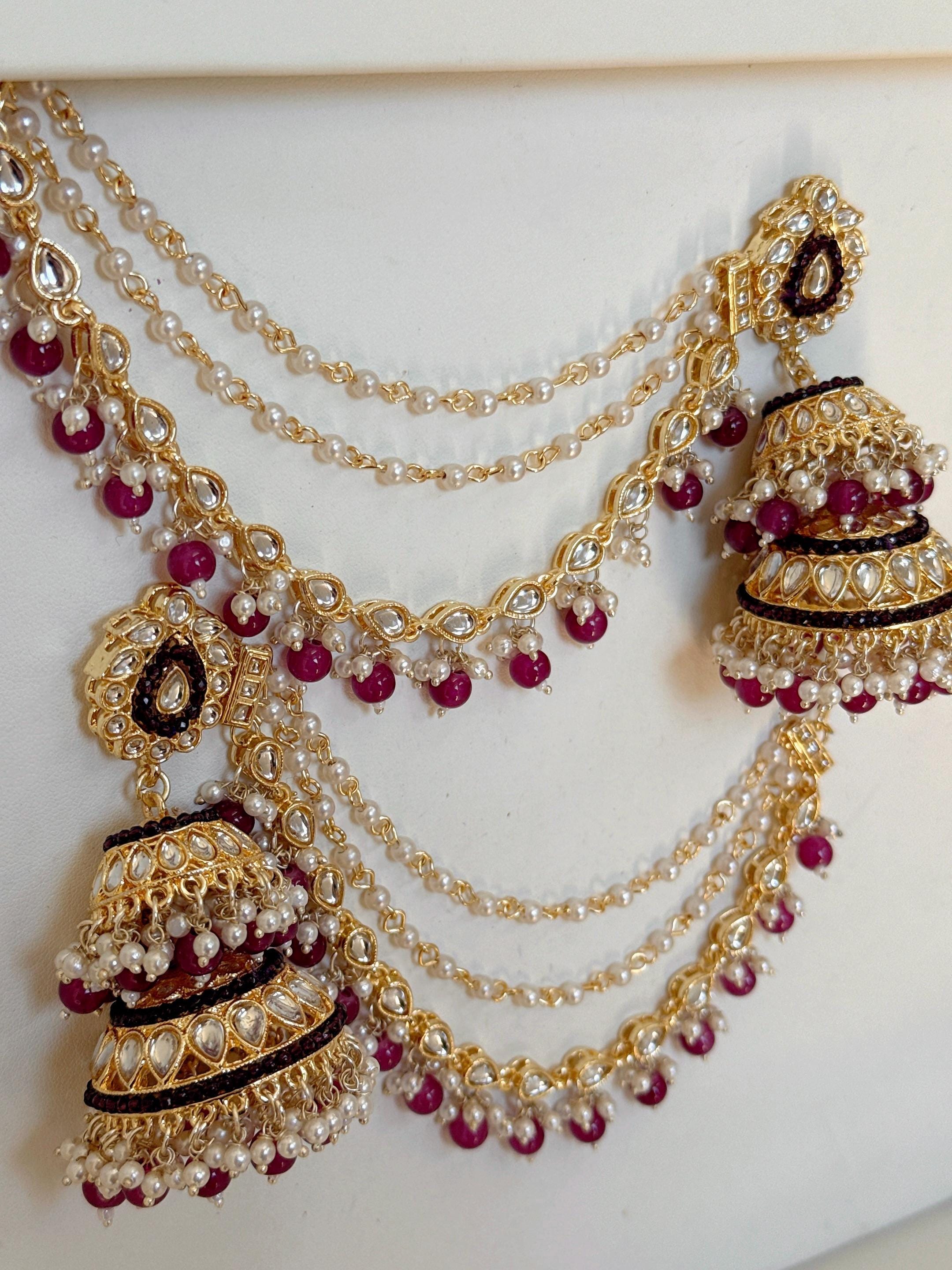 Dark Purple Bahubali Kundan Pearl Jhumka Earrings Set/Jhumka with Double Chain Sahare /Indian Wedding Earrings