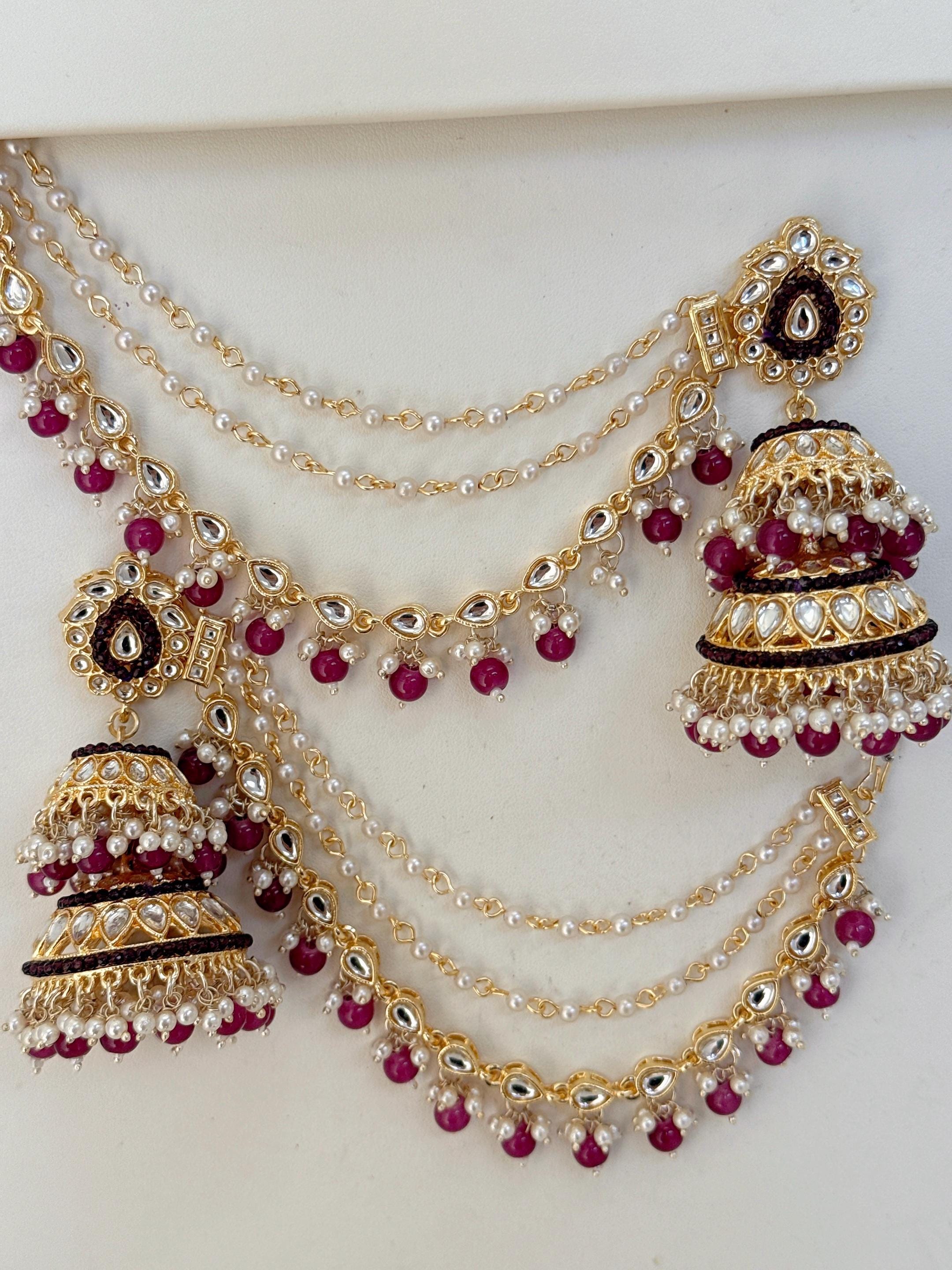 Dark Purple Bahubali Kundan Pearl Jhumka Earrings Set/Jhumka with Double Chain Sahare /Indian Wedding Earrings