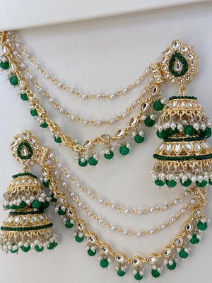Green Bahubali Kundan Pearl Jhumka Earrings Set/Jhumka with Double Chain Sahare /Indian Wedding Earrings
