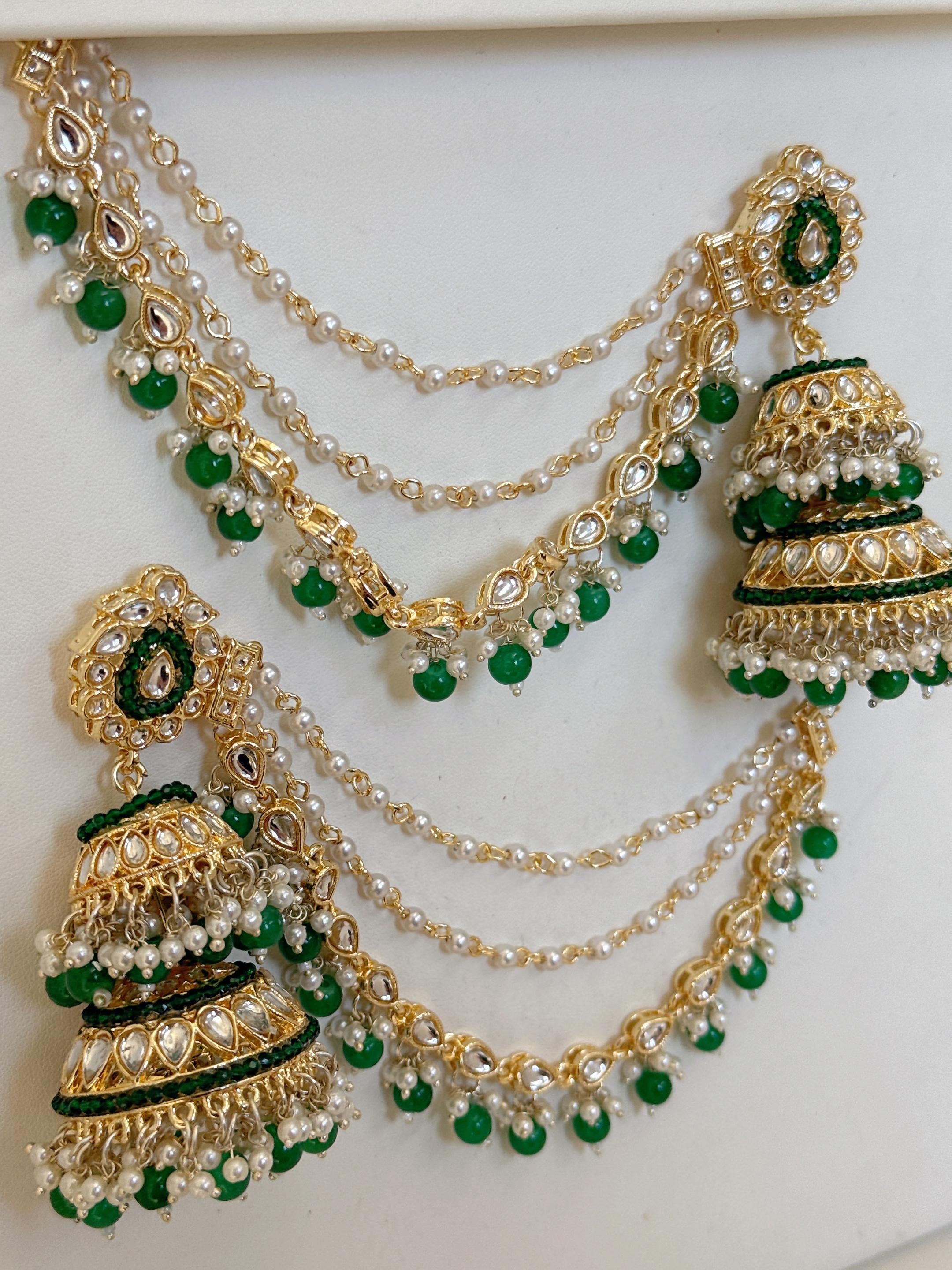 Green Bahubali Kundan Pearl Jhumka Earrings Set/Jhumka with Double Chain Sahare /Indian Wedding Earrings