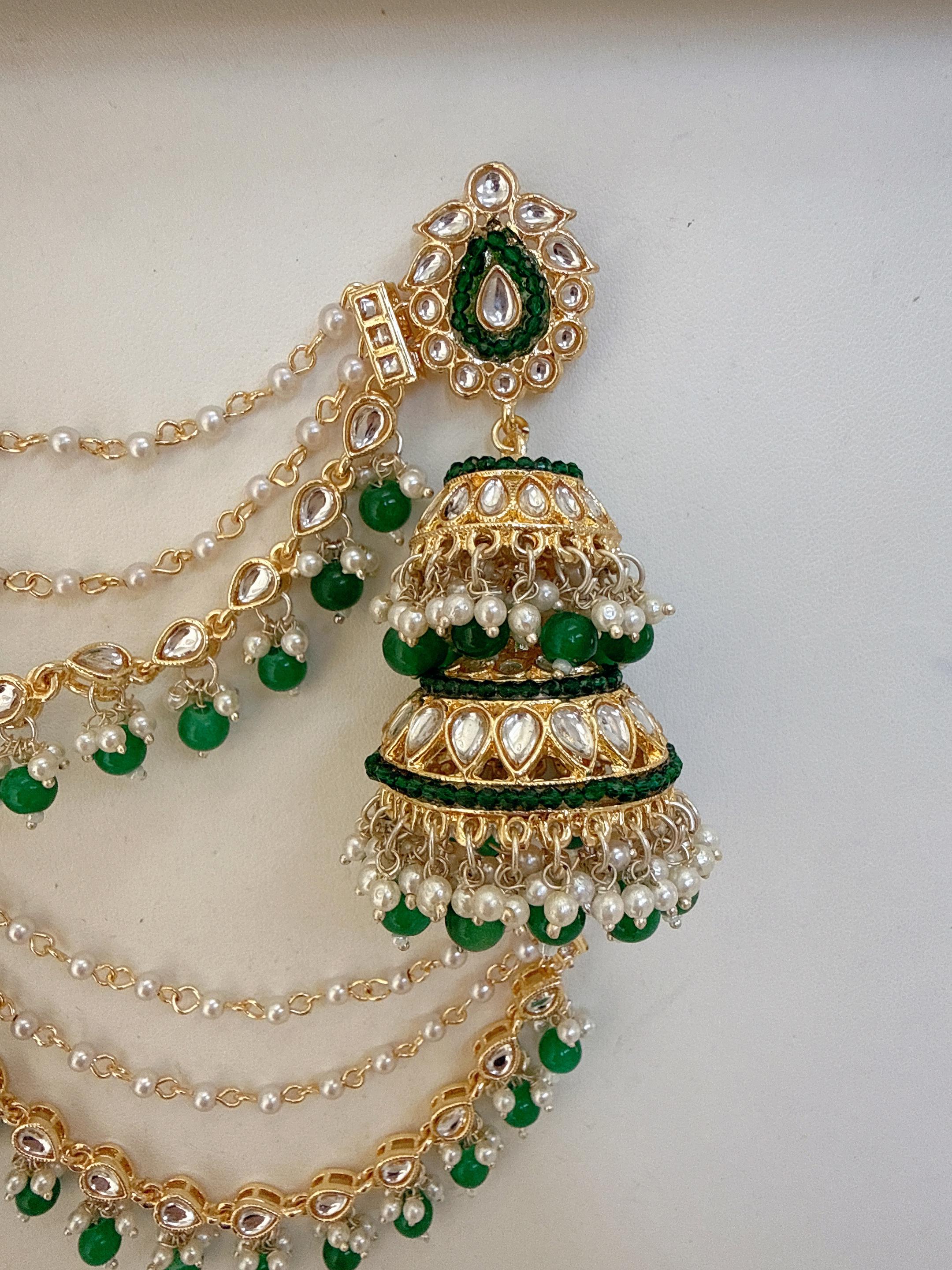 Green Bahubali Kundan Pearl Jhumka Earrings Set/Jhumka with Double Chain Sahare /Indian Wedding Earrings