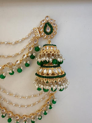 Green Bahubali Kundan Pearl Jhumka Earrings Set/Jhumka with Double Chain Sahare /Indian Wedding Earrings