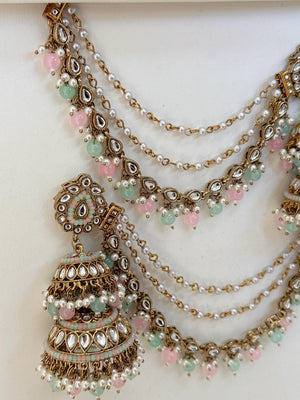 Antique Mint Pink Bahubali Pearl Jhumka Earrings Set/Jhumka with Double Chain Sahare /Indian Wedding Earrings