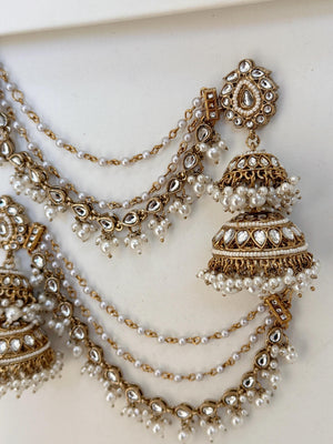 Antique Mehendi Bahubali Pearl Jhumka Earrings Set/Jhumka with Double Chain Sahare /Indian Wedding Earrings