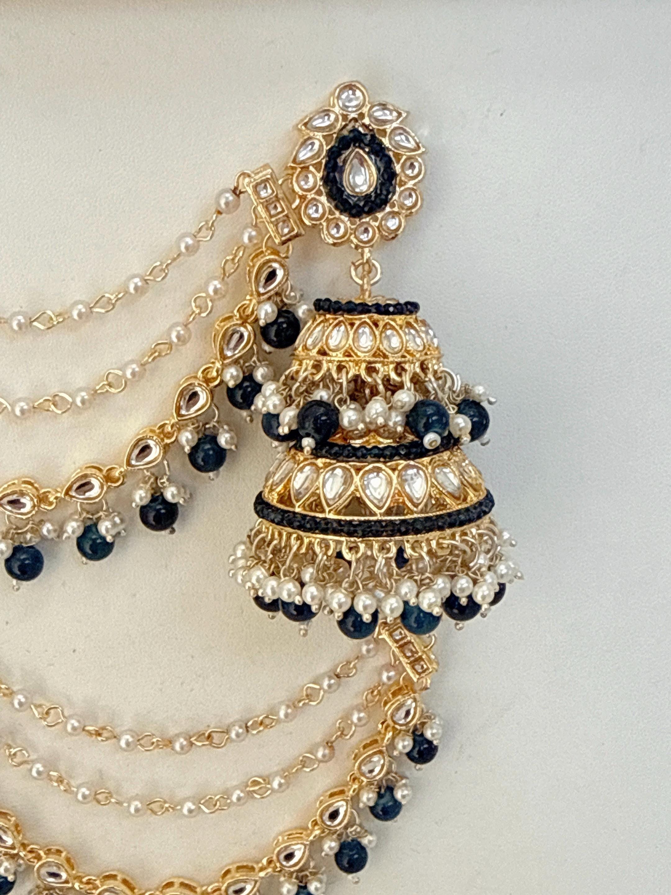 Blue Bahubali Kundan Pearl Jhumka Earrings Set/Jhumka with Double Chain Sahare /Indian Wedding Earrings
